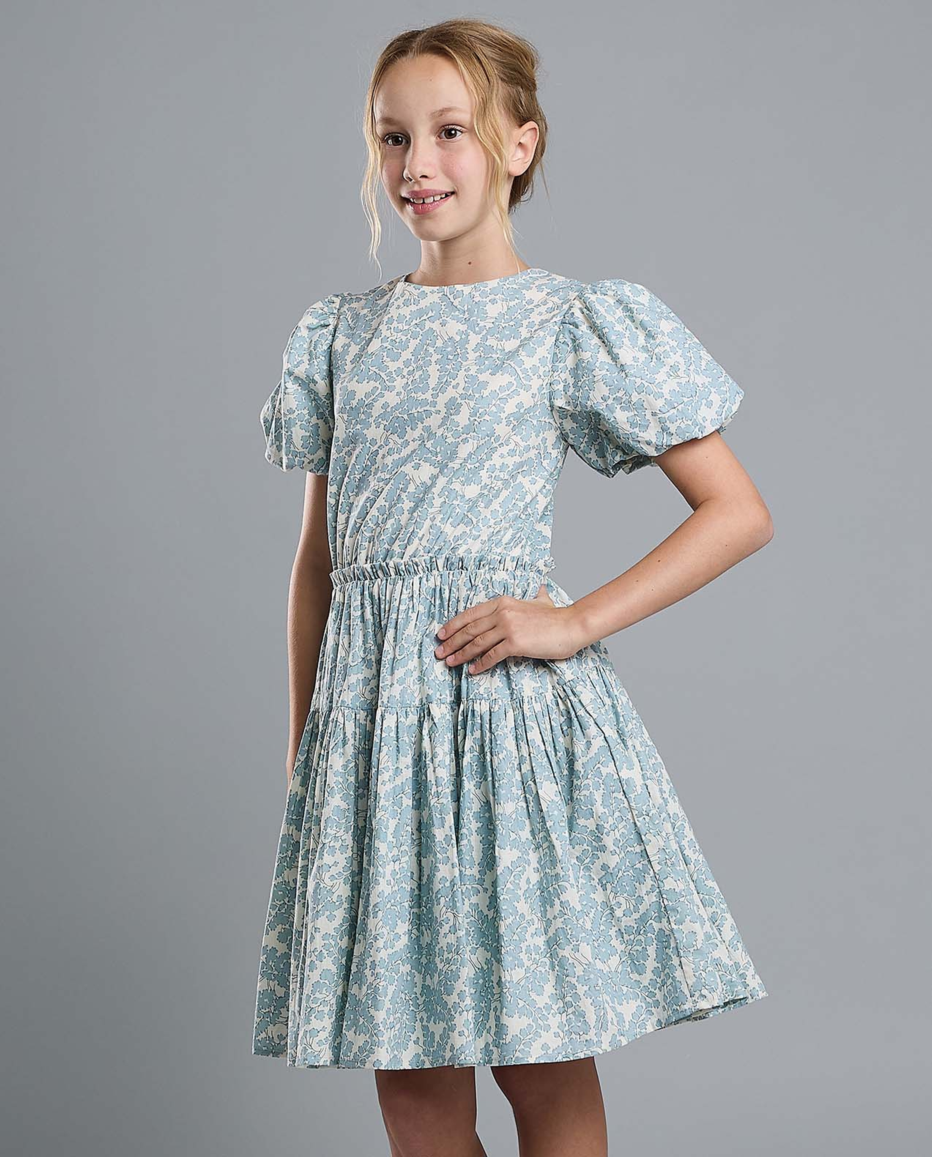 Printed Fit and Flare Dress with Puff Sleeves