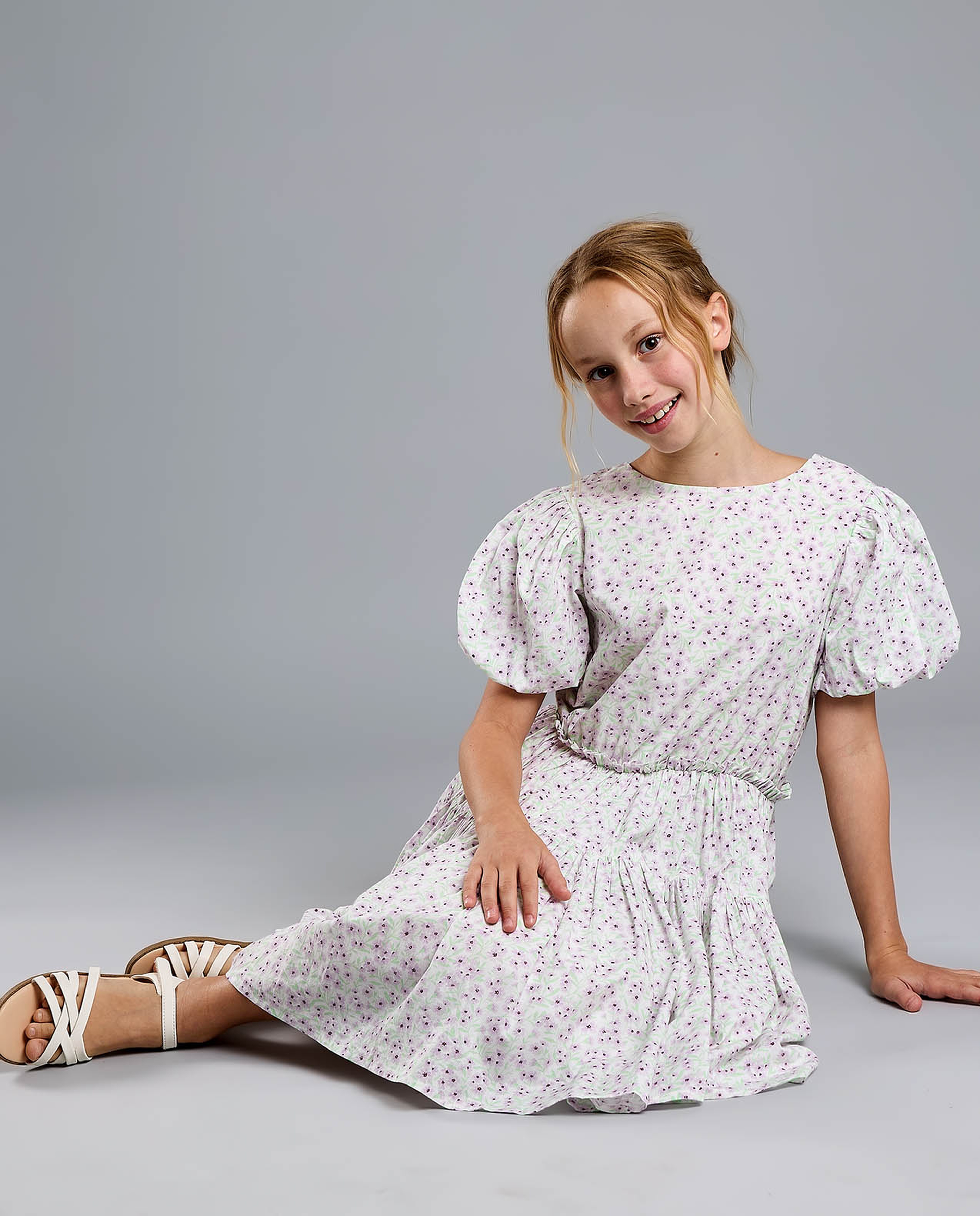 Printed Fit and Flare Dress with Puff Sleeves