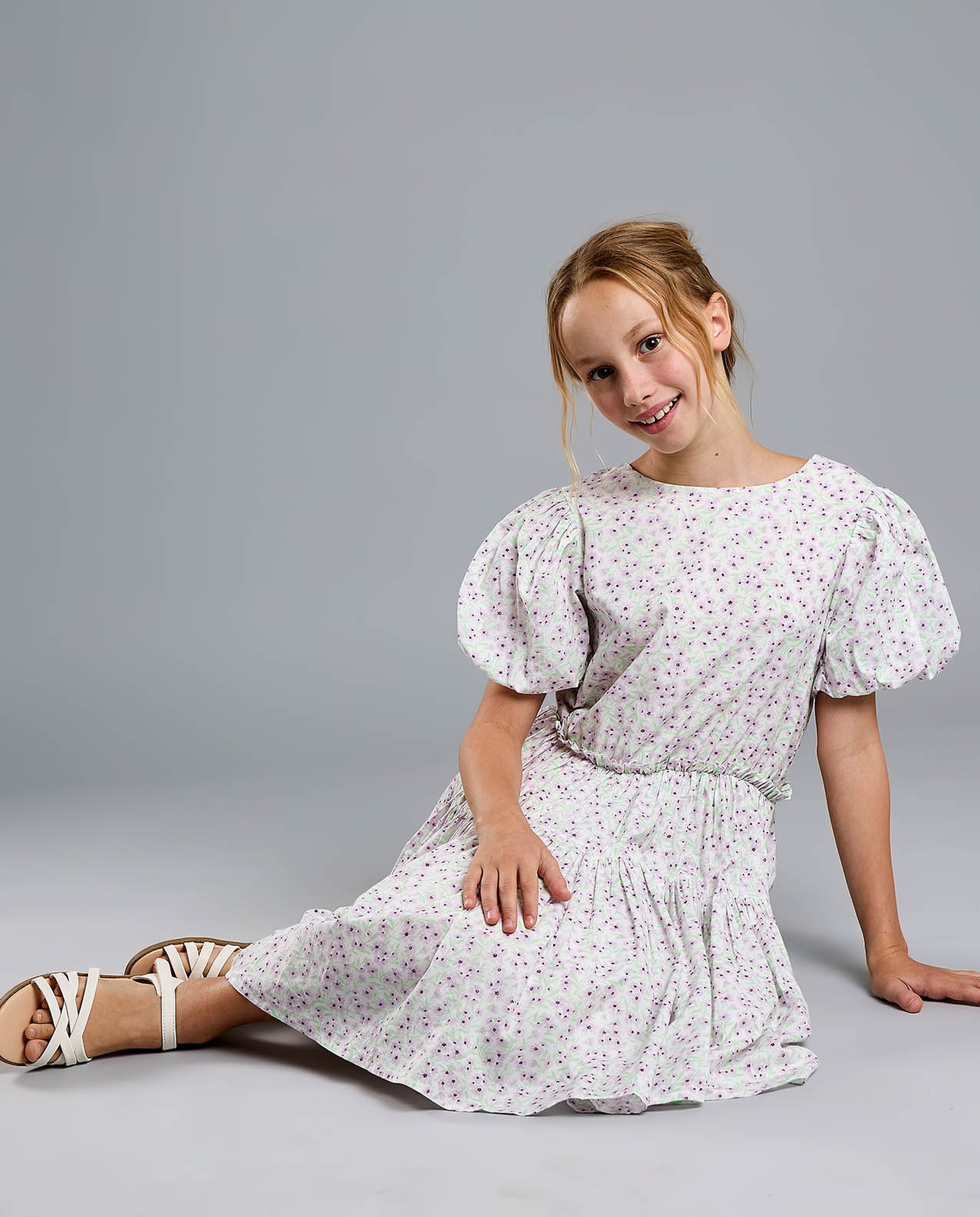 Printed Fit and Flare Dress with Puff Sleeves