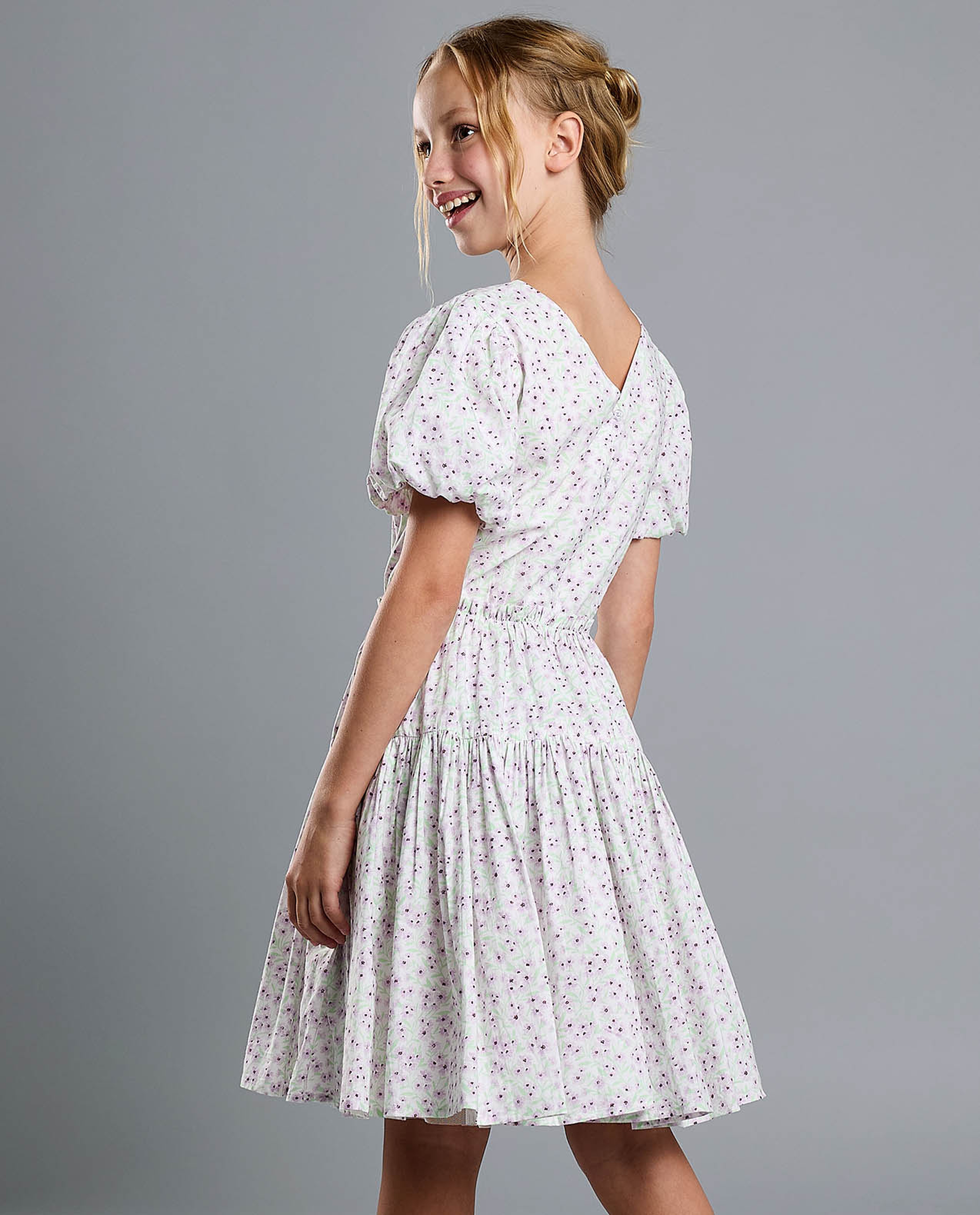 Printed Fit and Flare Dress with Puff Sleeves