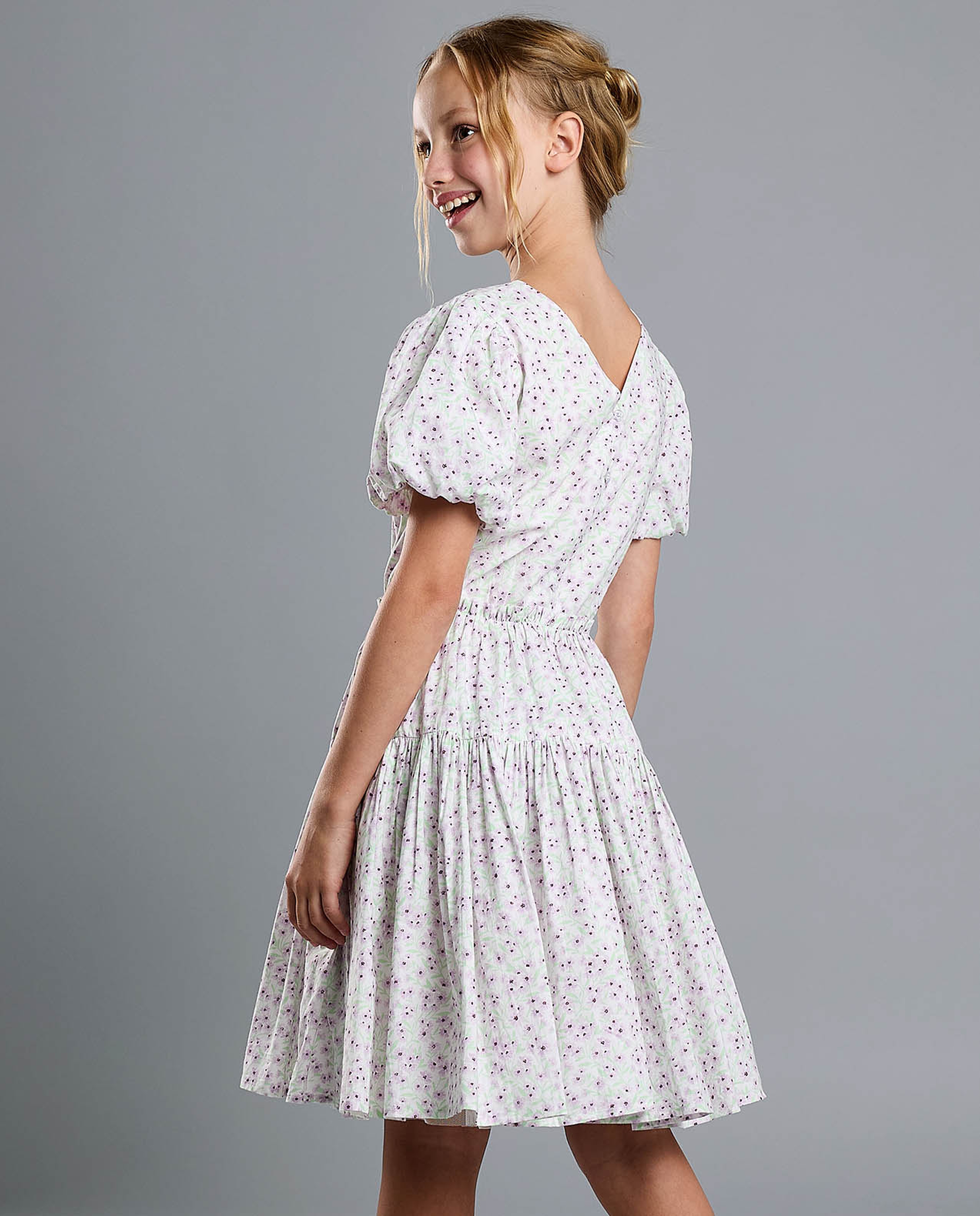 Printed Fit and Flare Dress with Puff Sleeves