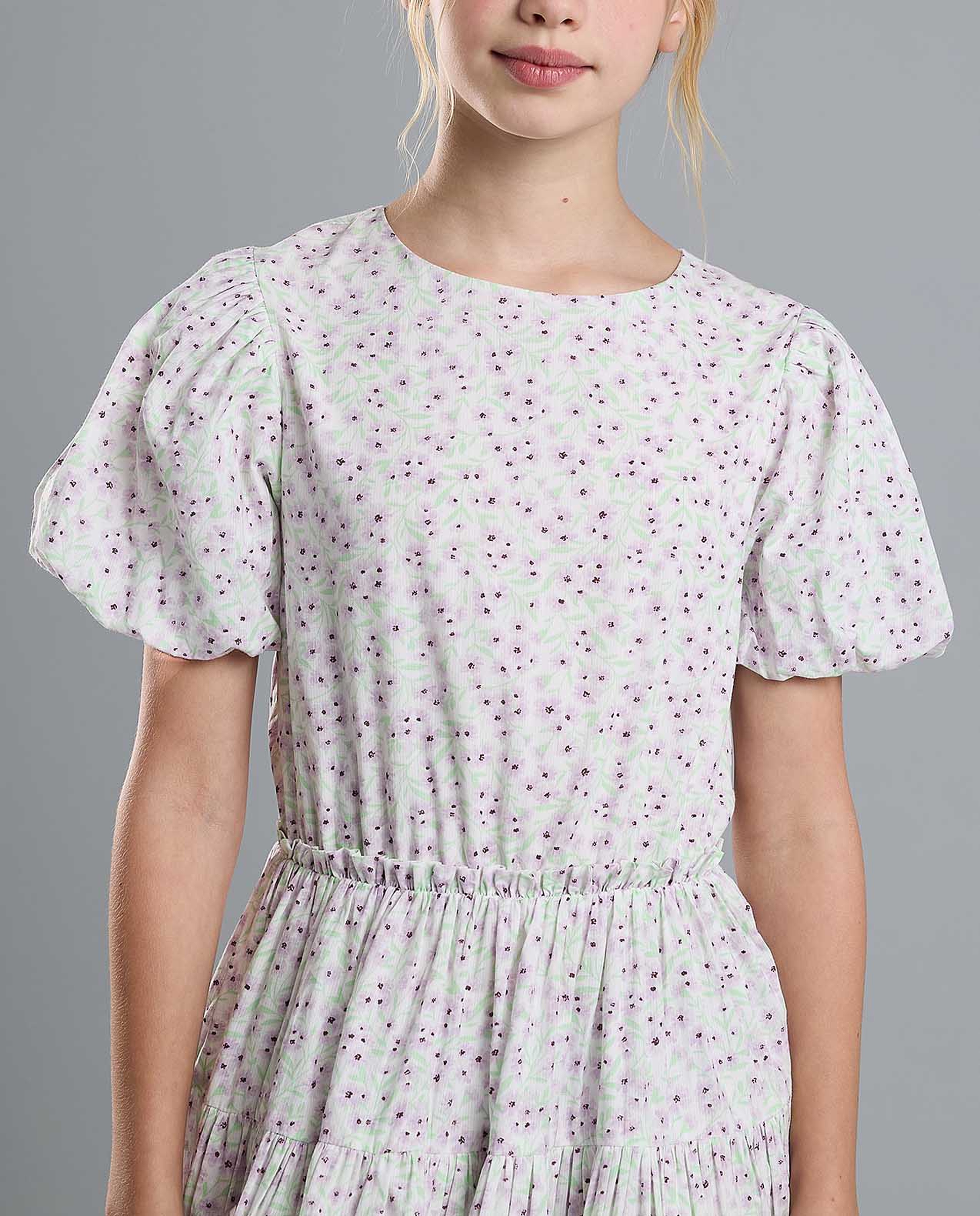 Printed Fit and Flare Dress with Puff Sleeves