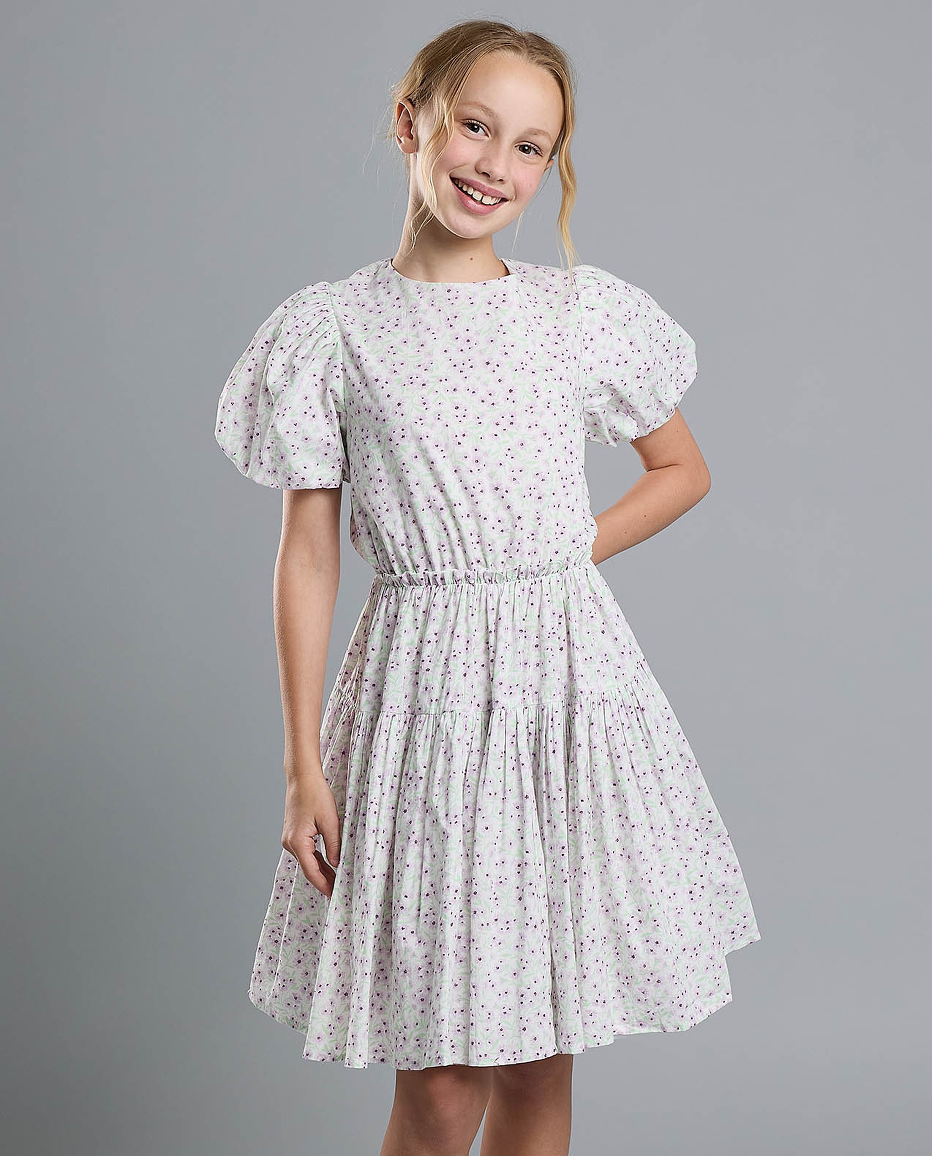 Printed Fit and Flare Dress with Puff Sleeves