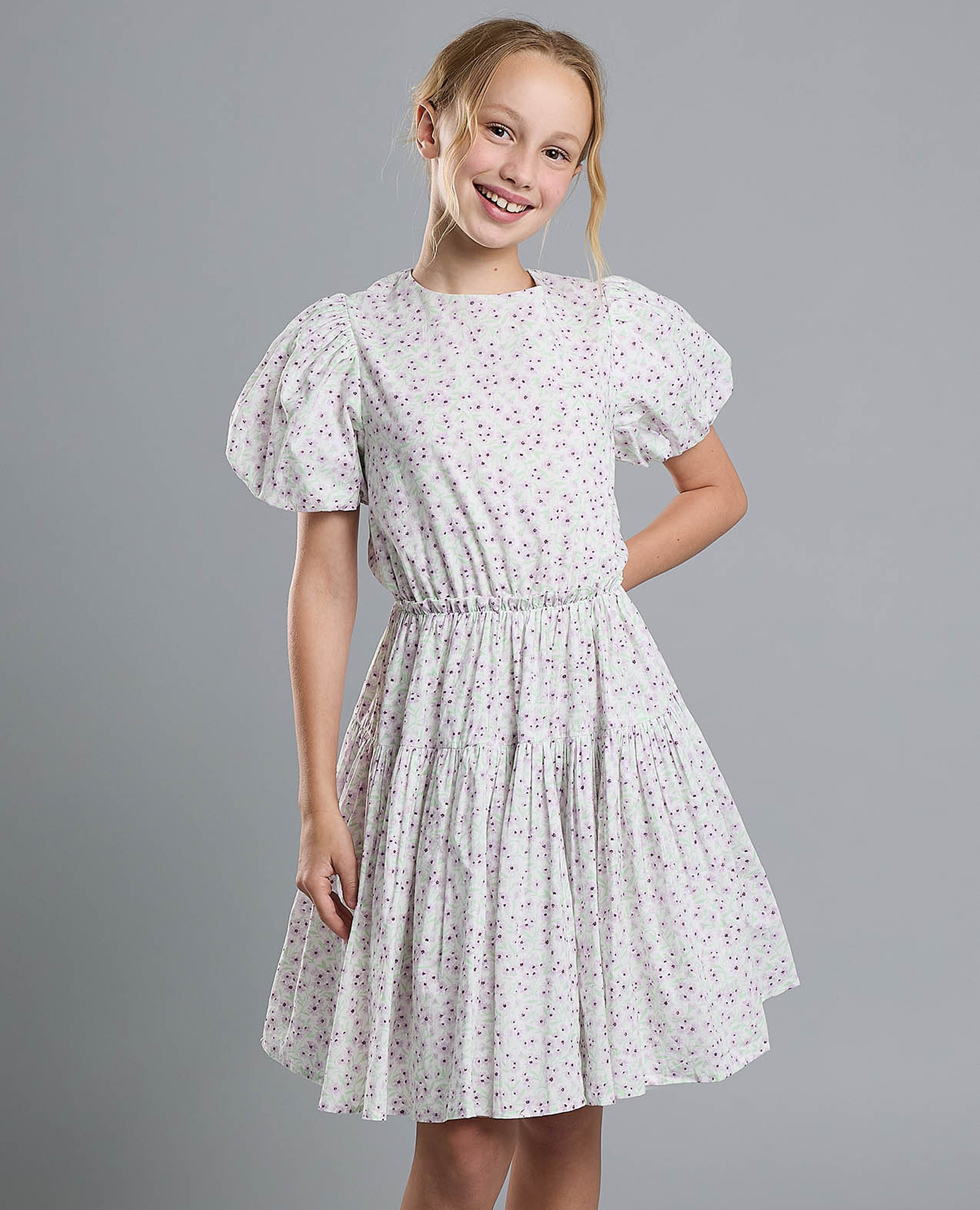 Printed Fit and Flare Dress with Puff Sleeves