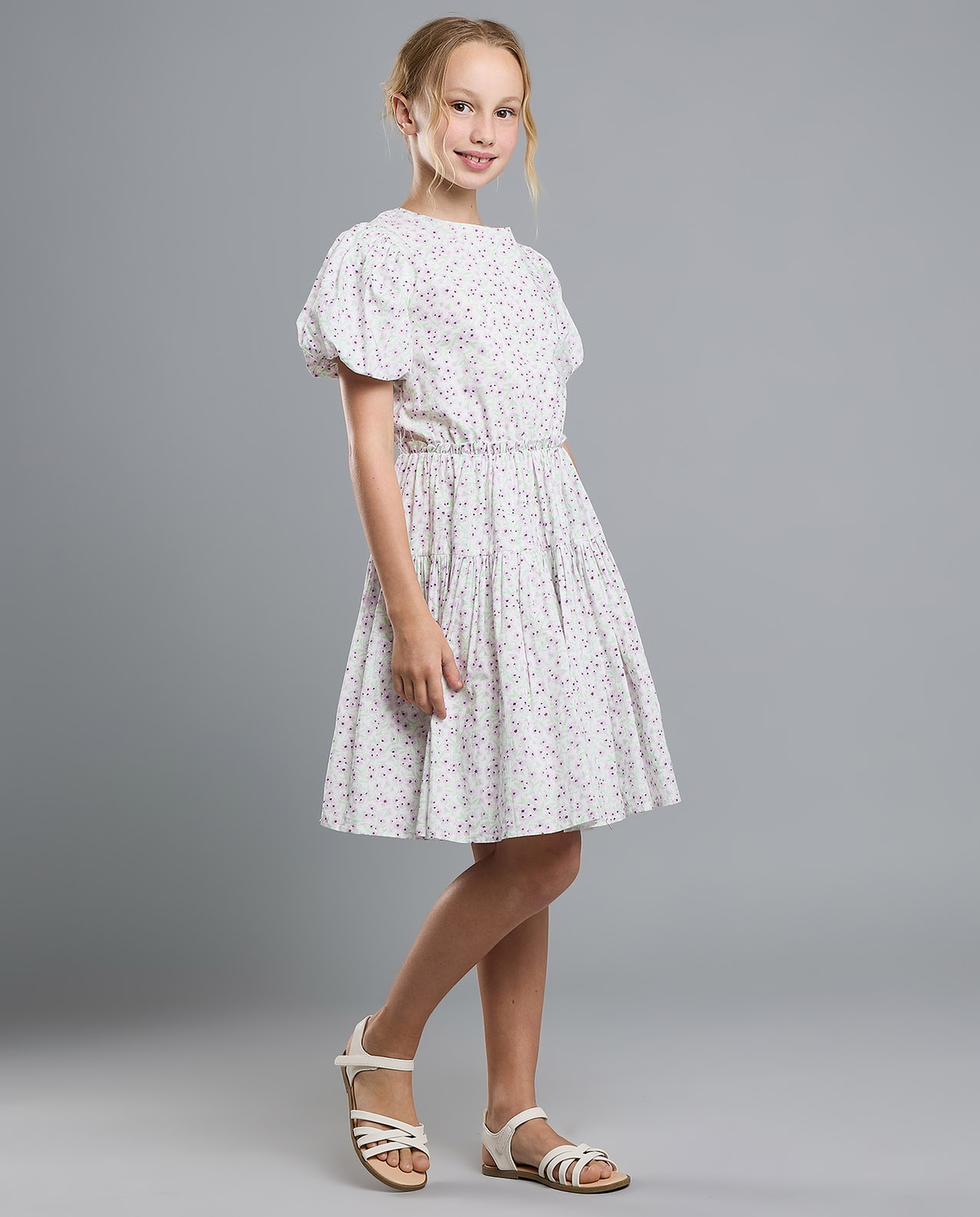 Printed Fit and Flare Dress with Puff Sleeves