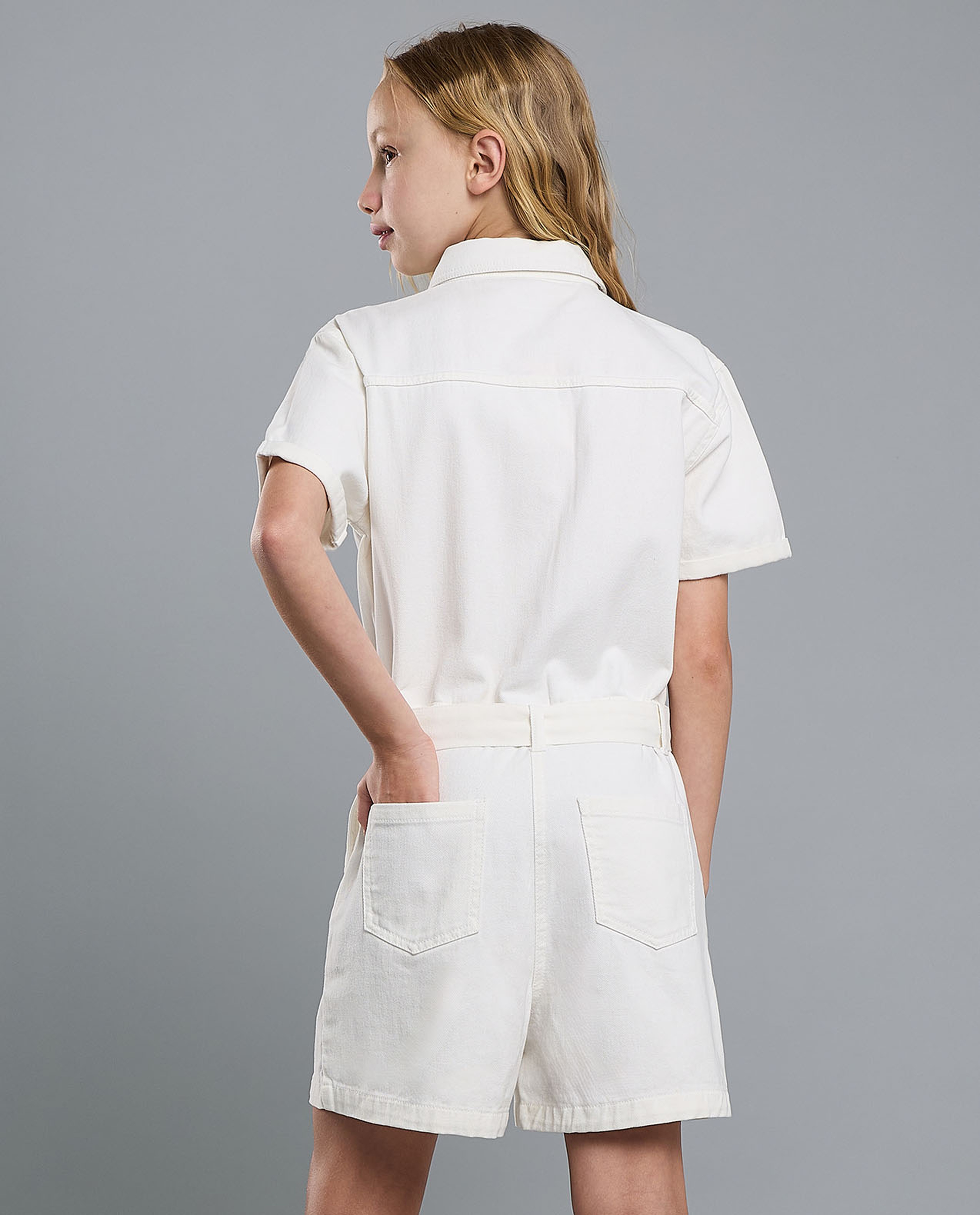 Solid Rompers with Shirt Collar and Short Sleeves