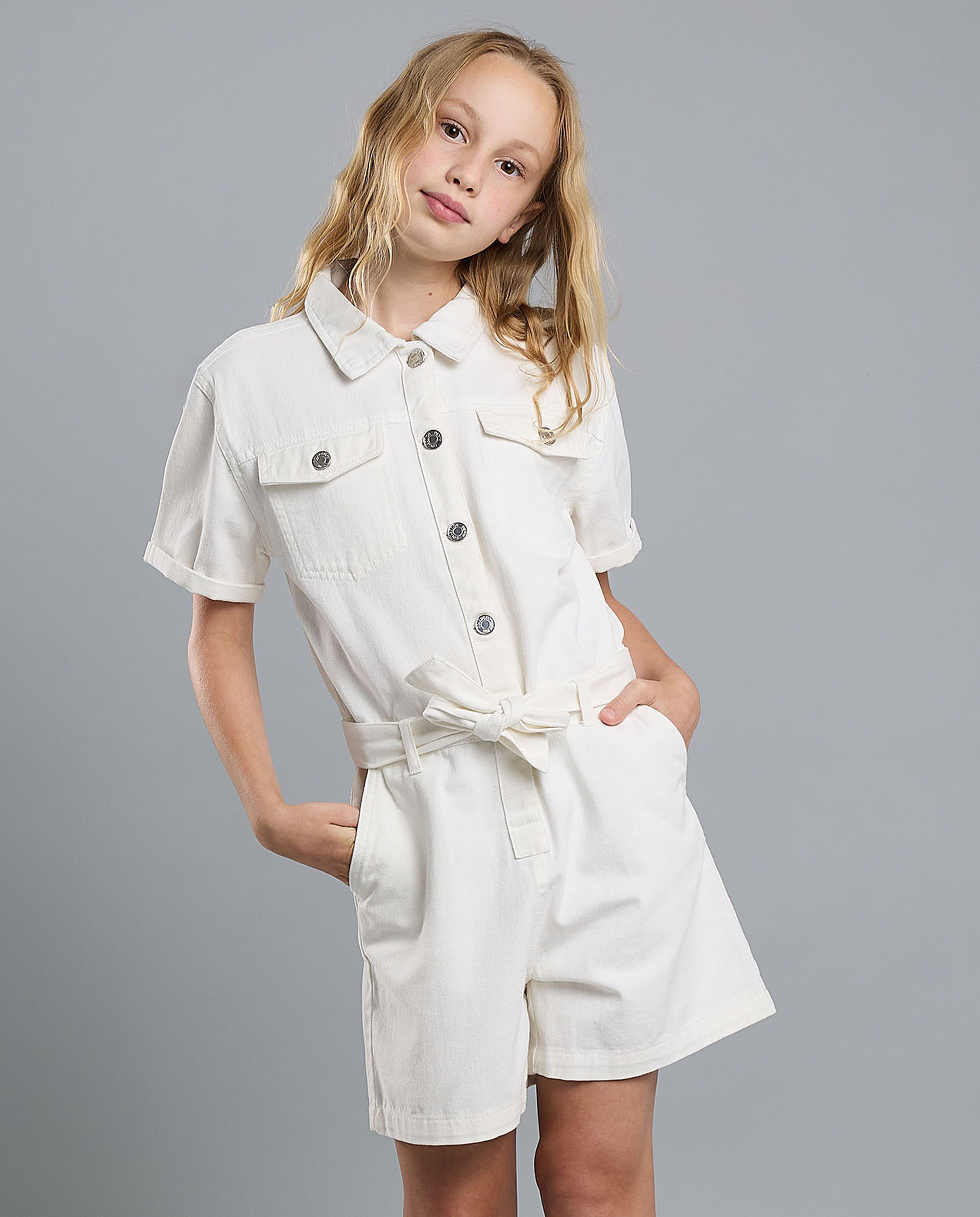 Solid Rompers with Shirt Collar and Short Sleeves