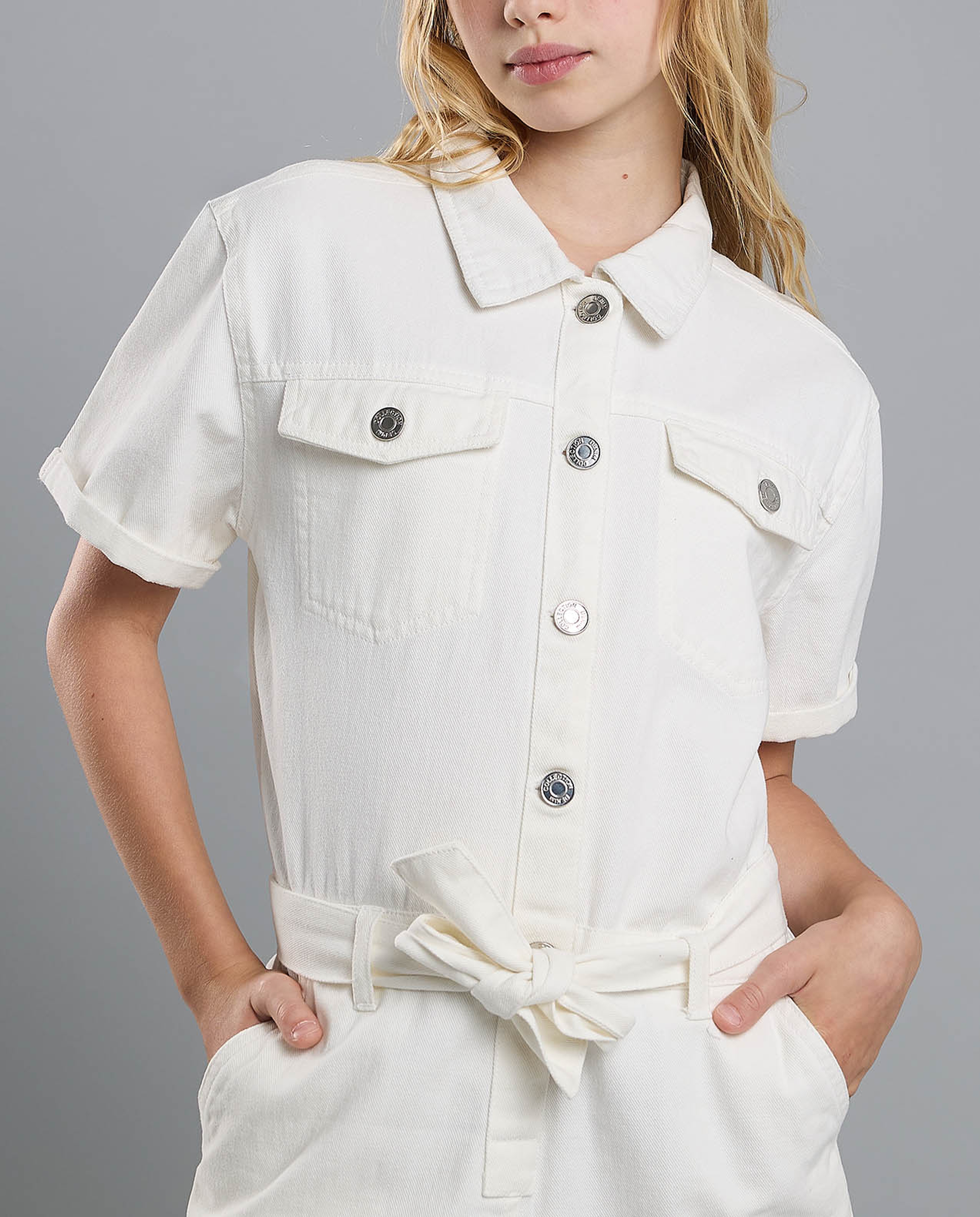 Solid Rompers with Shirt Collar and Short Sleeves