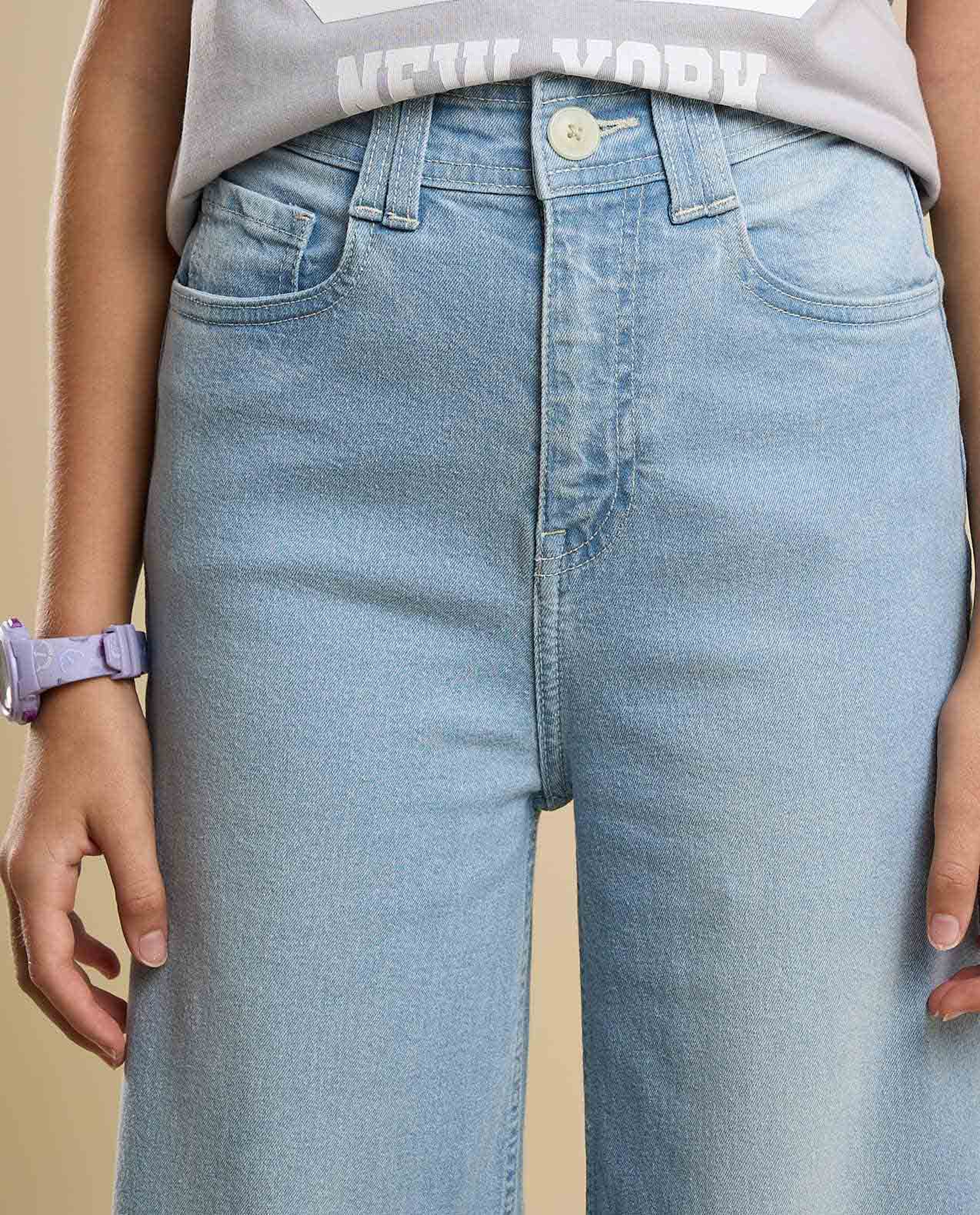 Faded Wide Leg Jeans with Button Closure