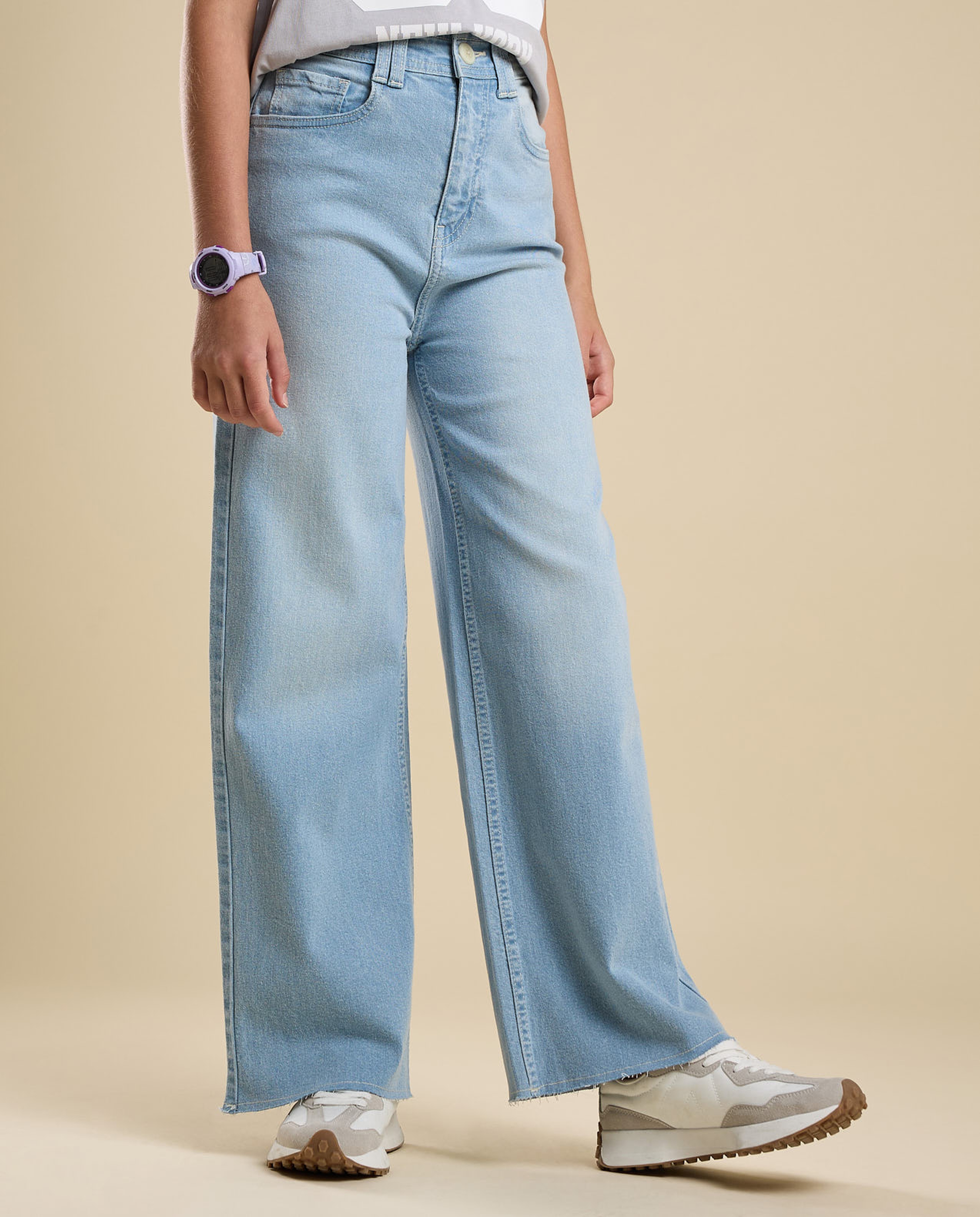 Faded Wide Leg Jeans with Button Closure