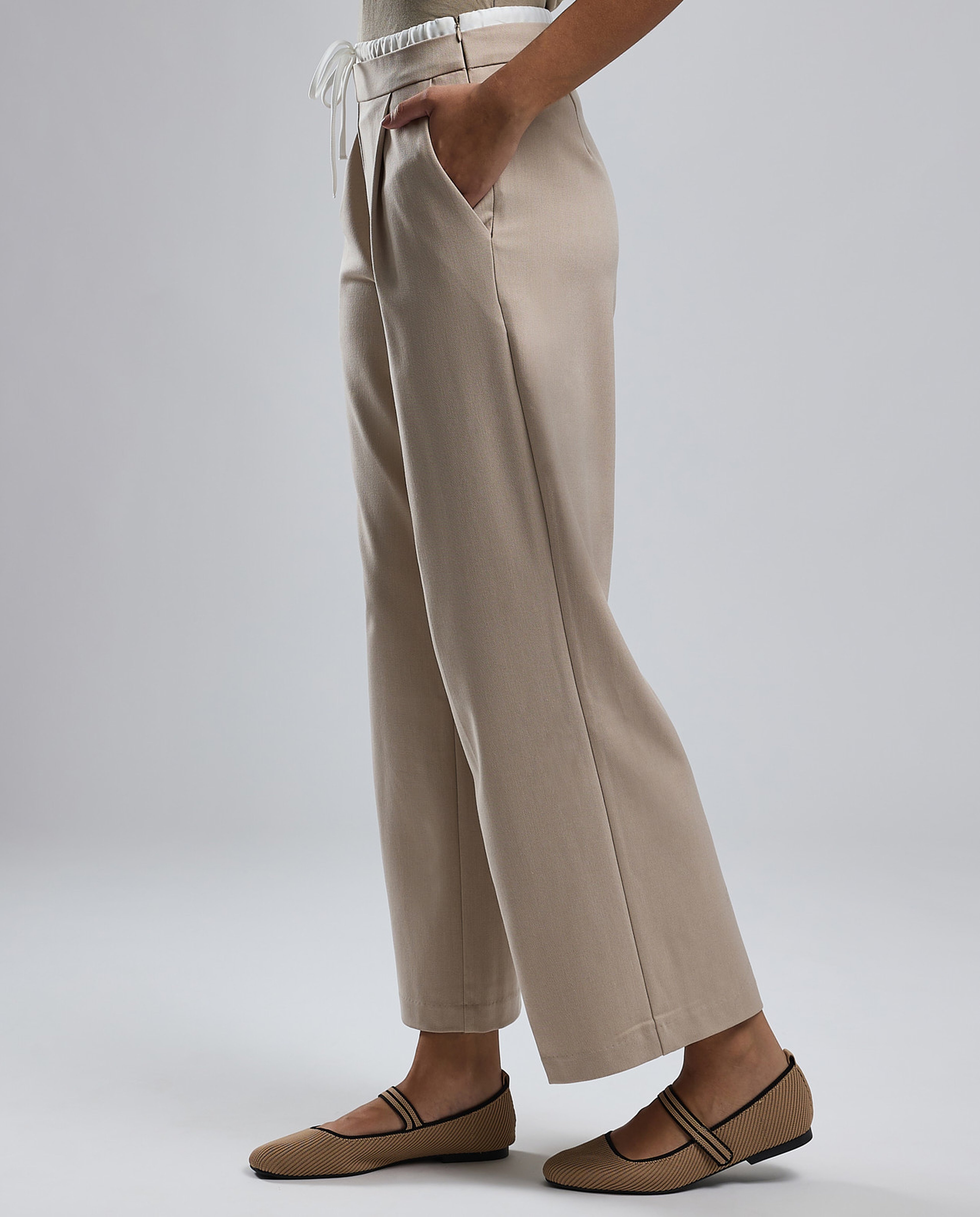 Solid Wide Leg Pants with Drawstring Waist