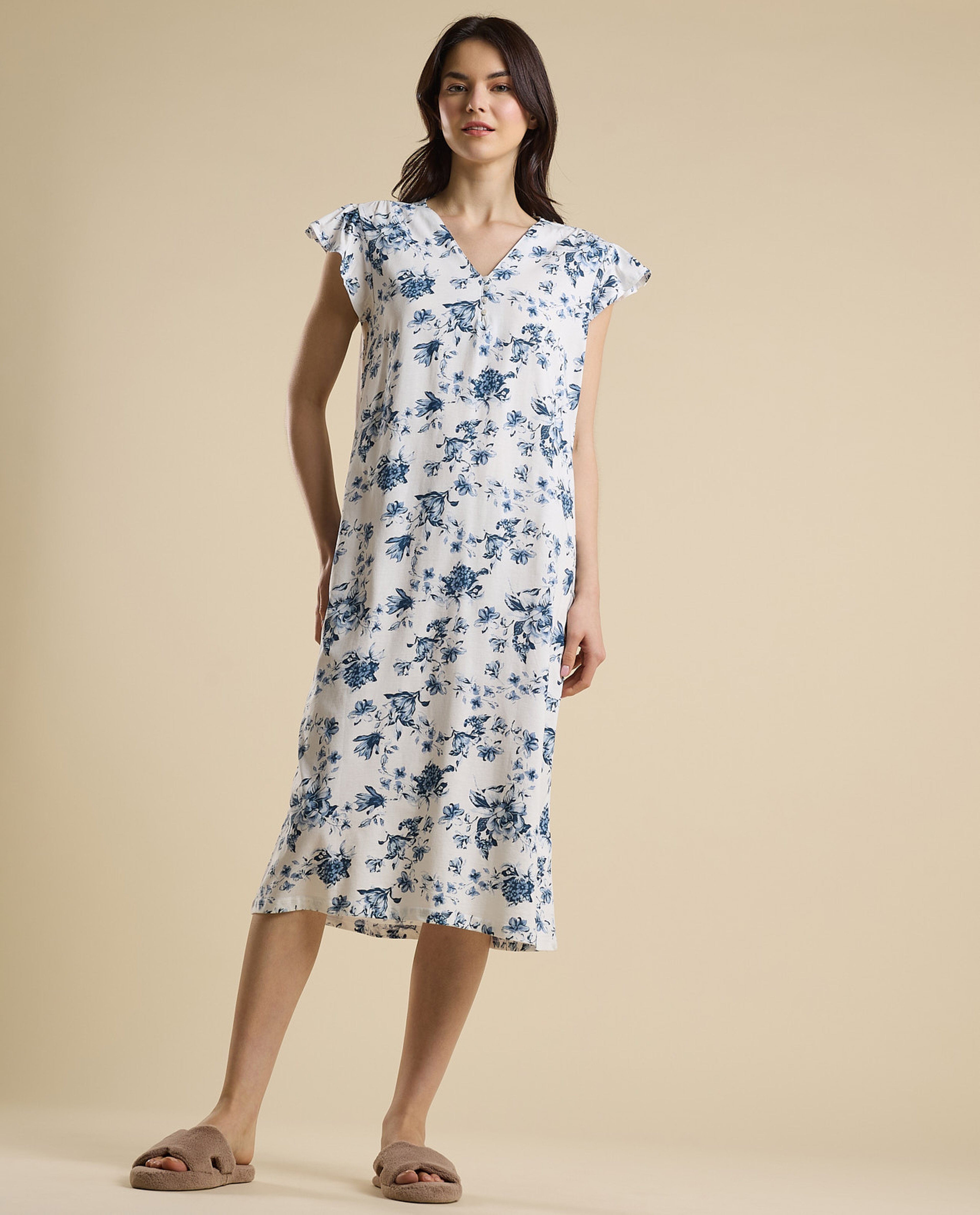 Printed Nightdress with V-Neck and Ruffle Sleeves