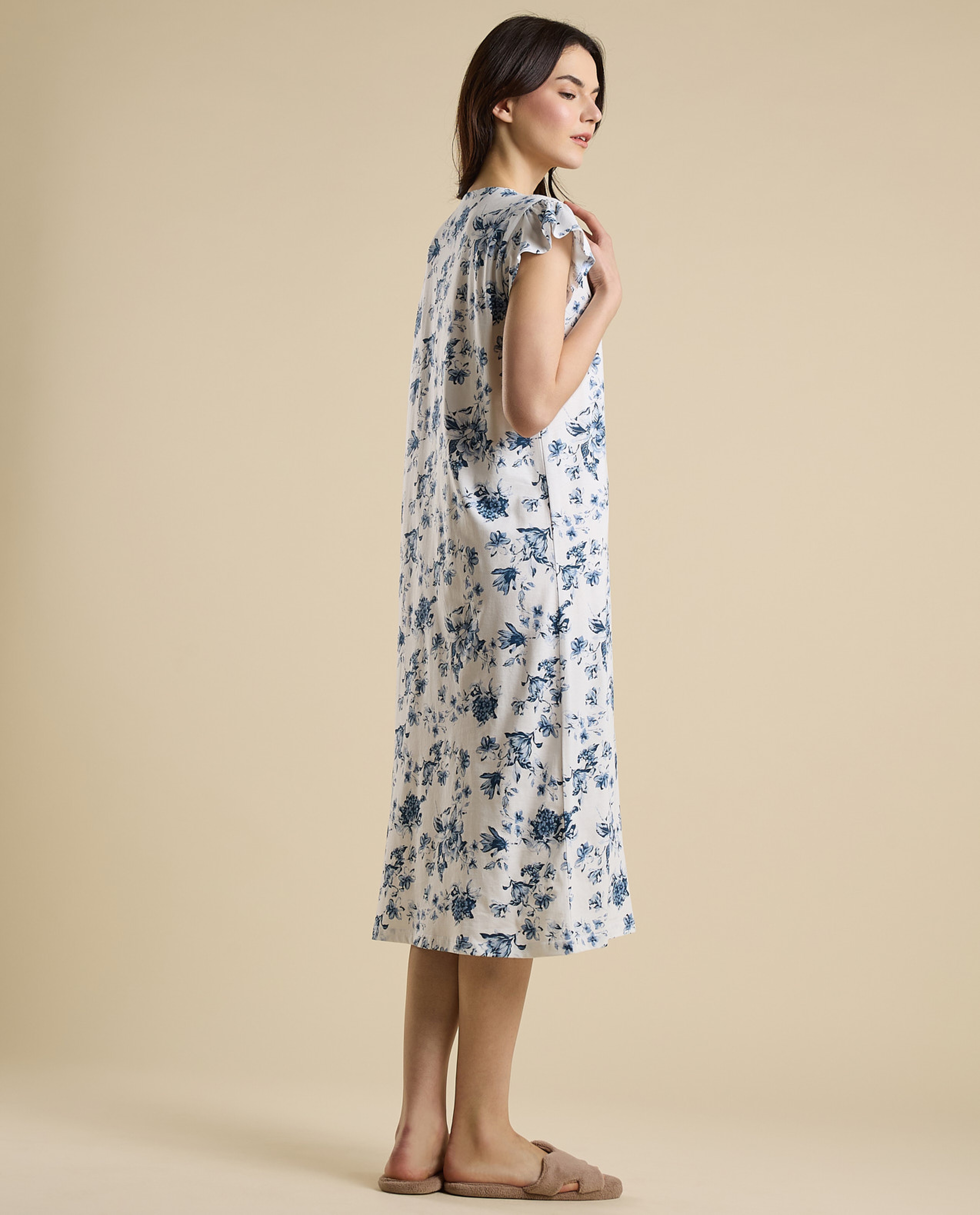 Printed Nightdress with V-Neck and Ruffle Sleeves