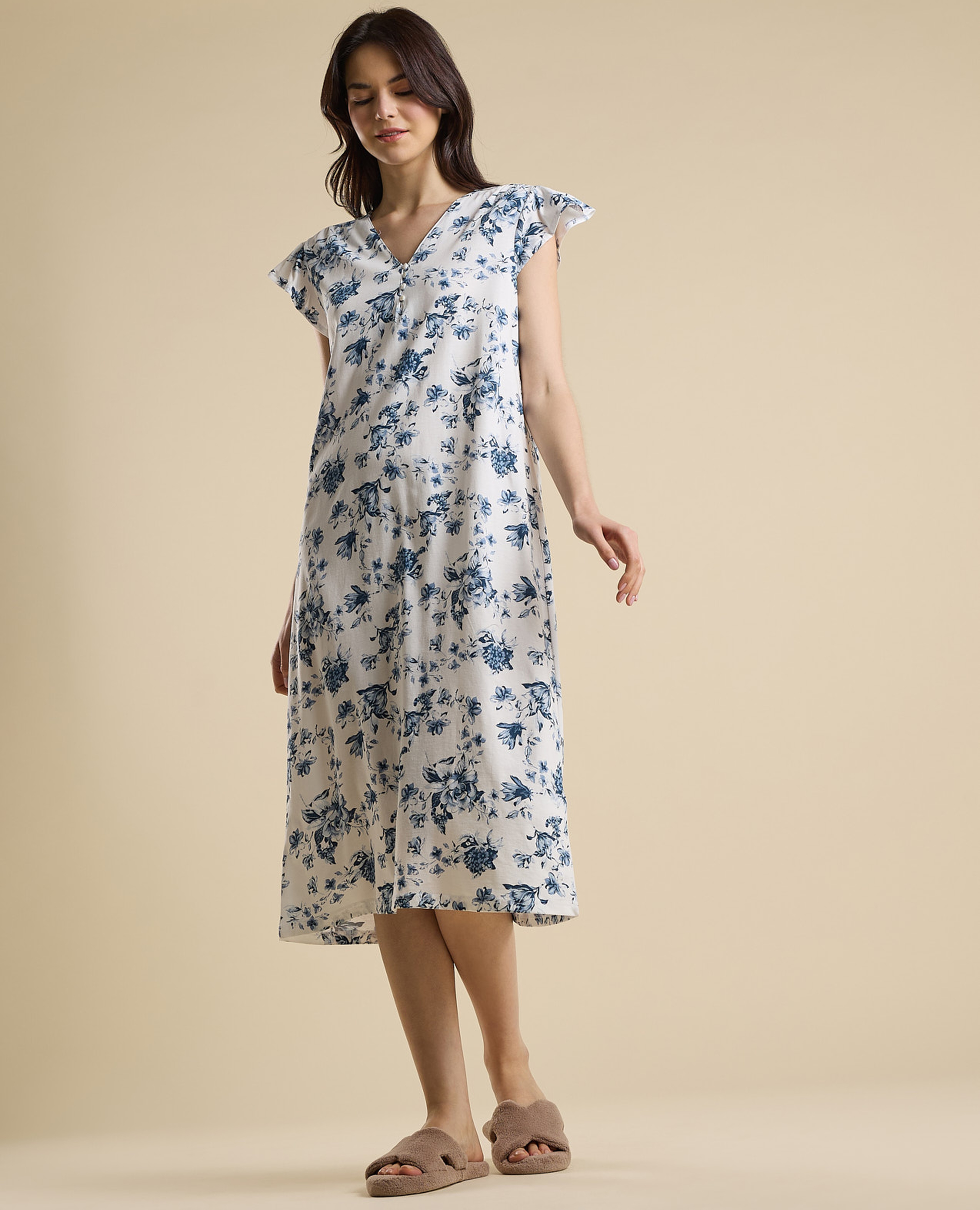 Printed Nightdress with V-Neck and Ruffle Sleeves