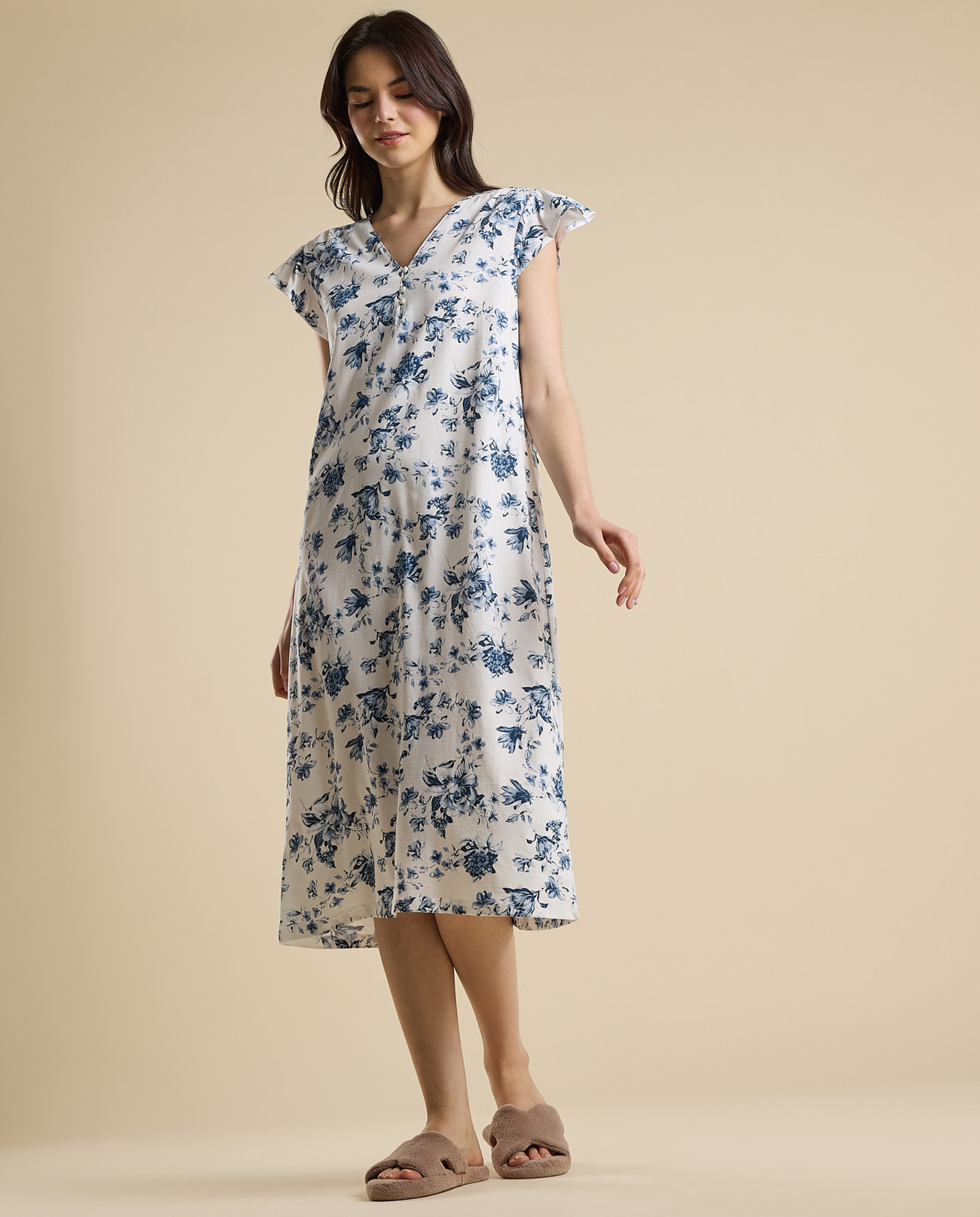 Printed Nightdress with V-Neck and Ruffle Sleeves