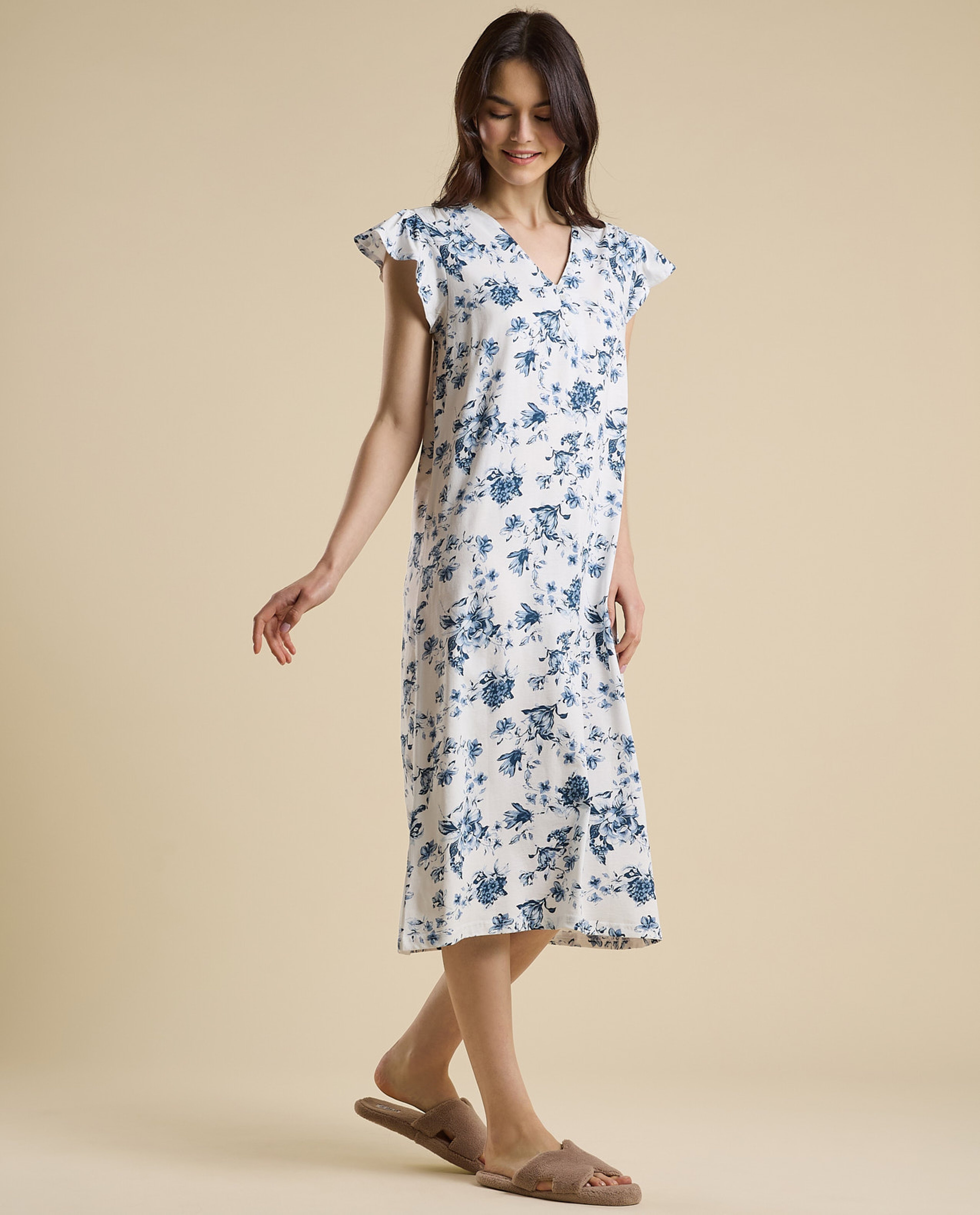 Printed Nightdress with V-Neck and Ruffle Sleeves