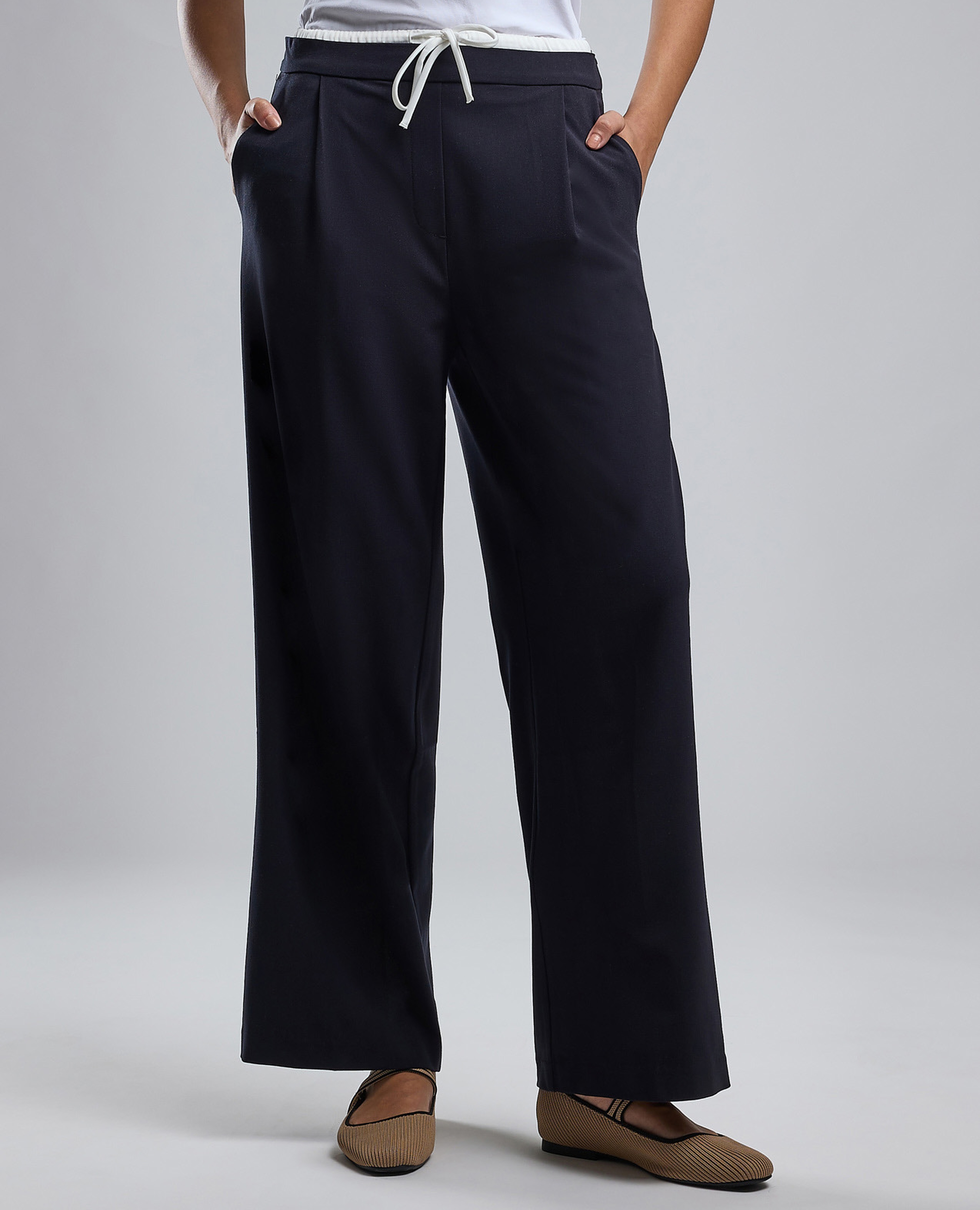 Solid Wide Leg Pants with Drawstring Waist