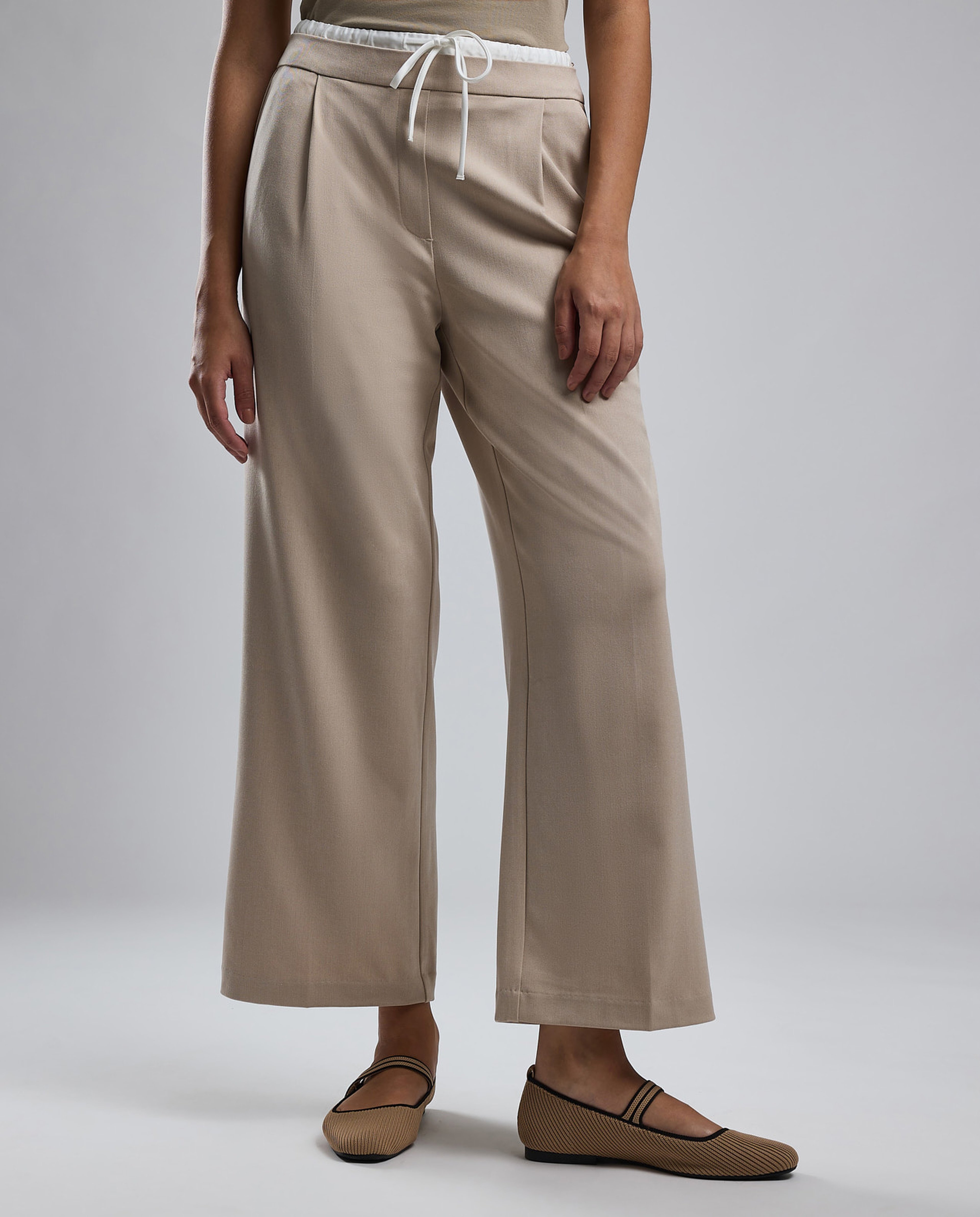 Solid Wide Leg Pants with Drawstring Waist