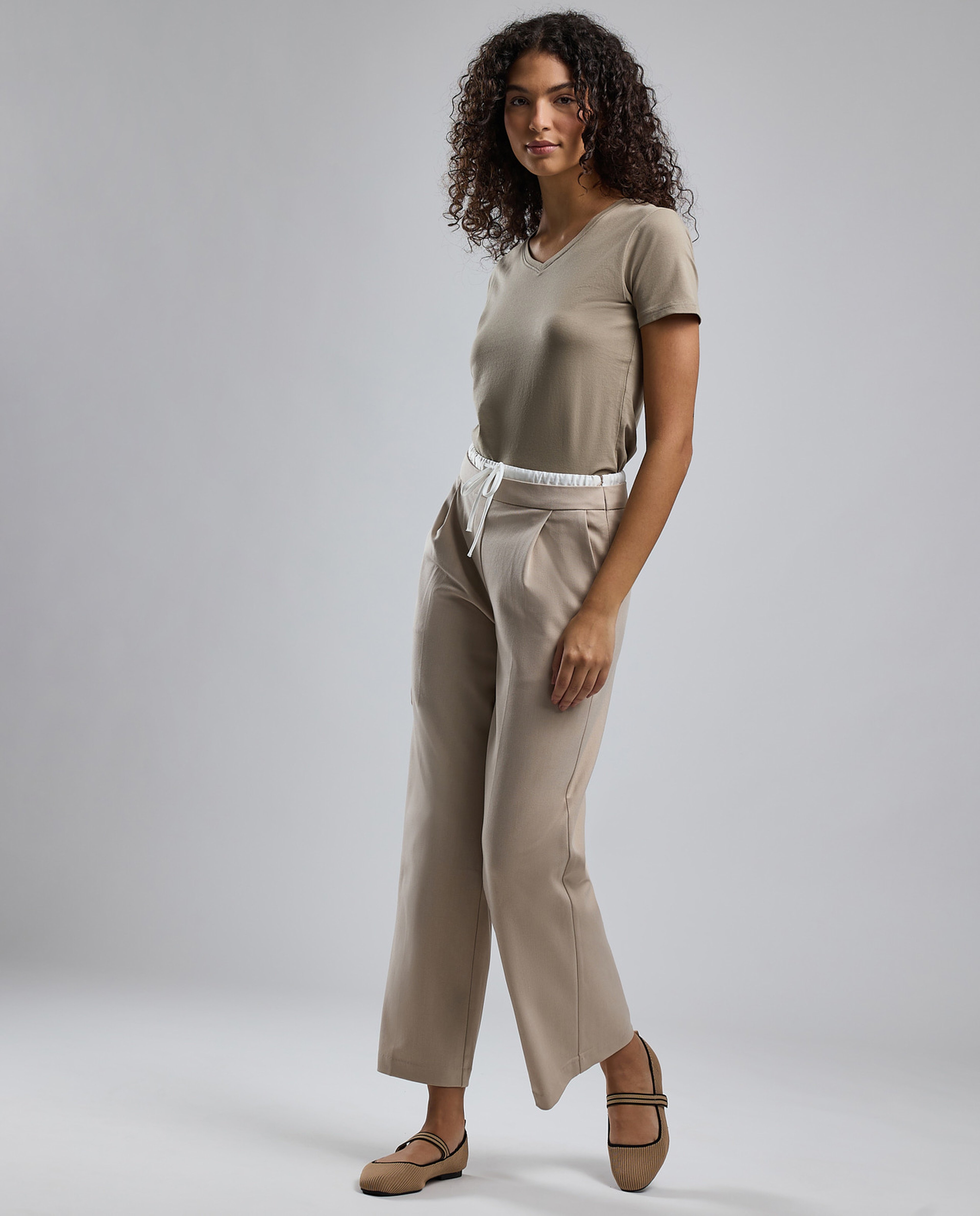 Solid Wide Leg Pants with Drawstring Waist