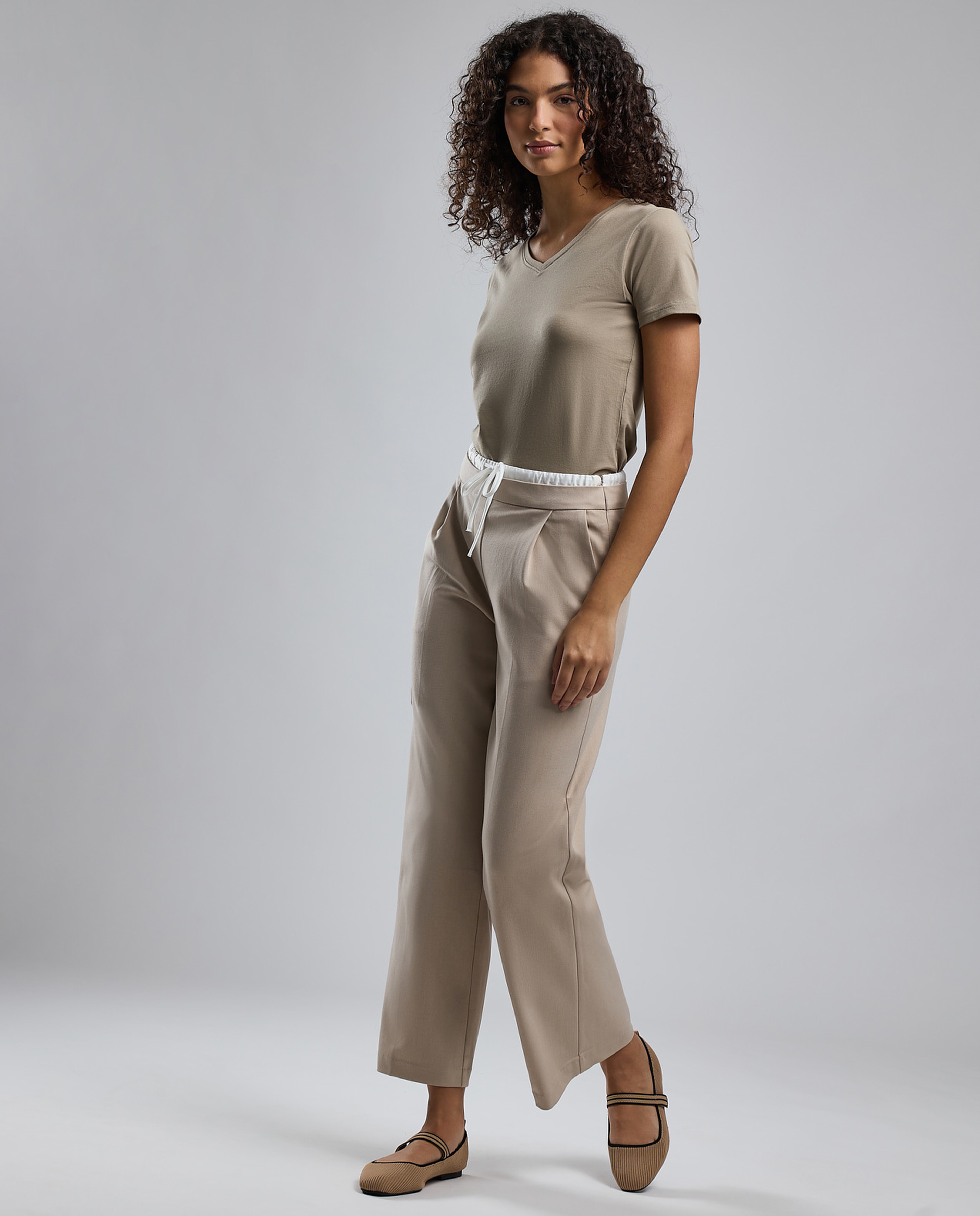 Solid Wide Leg Pants with Drawstring Waist