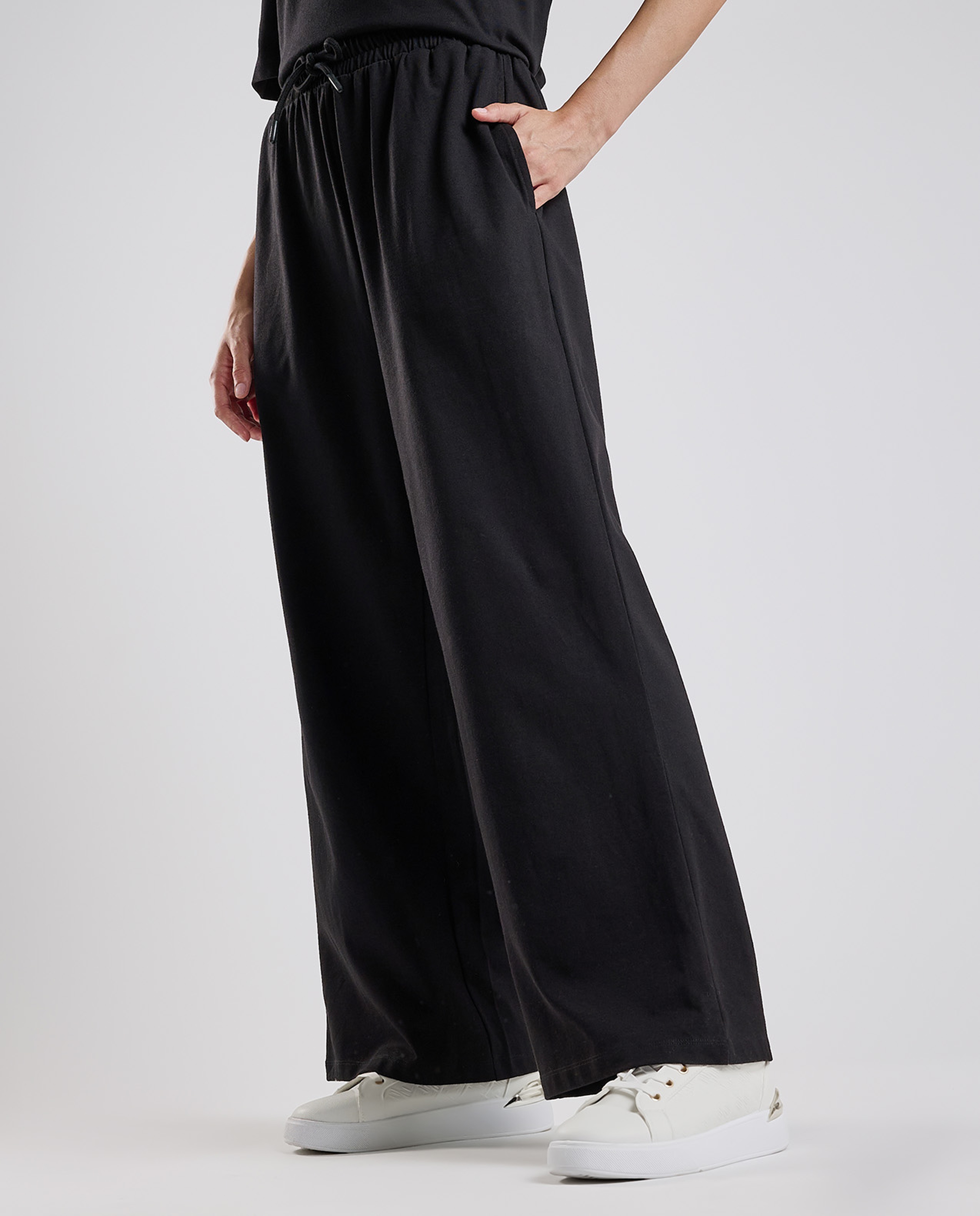 Solid Wide Leg Pants with Drawstring Waist