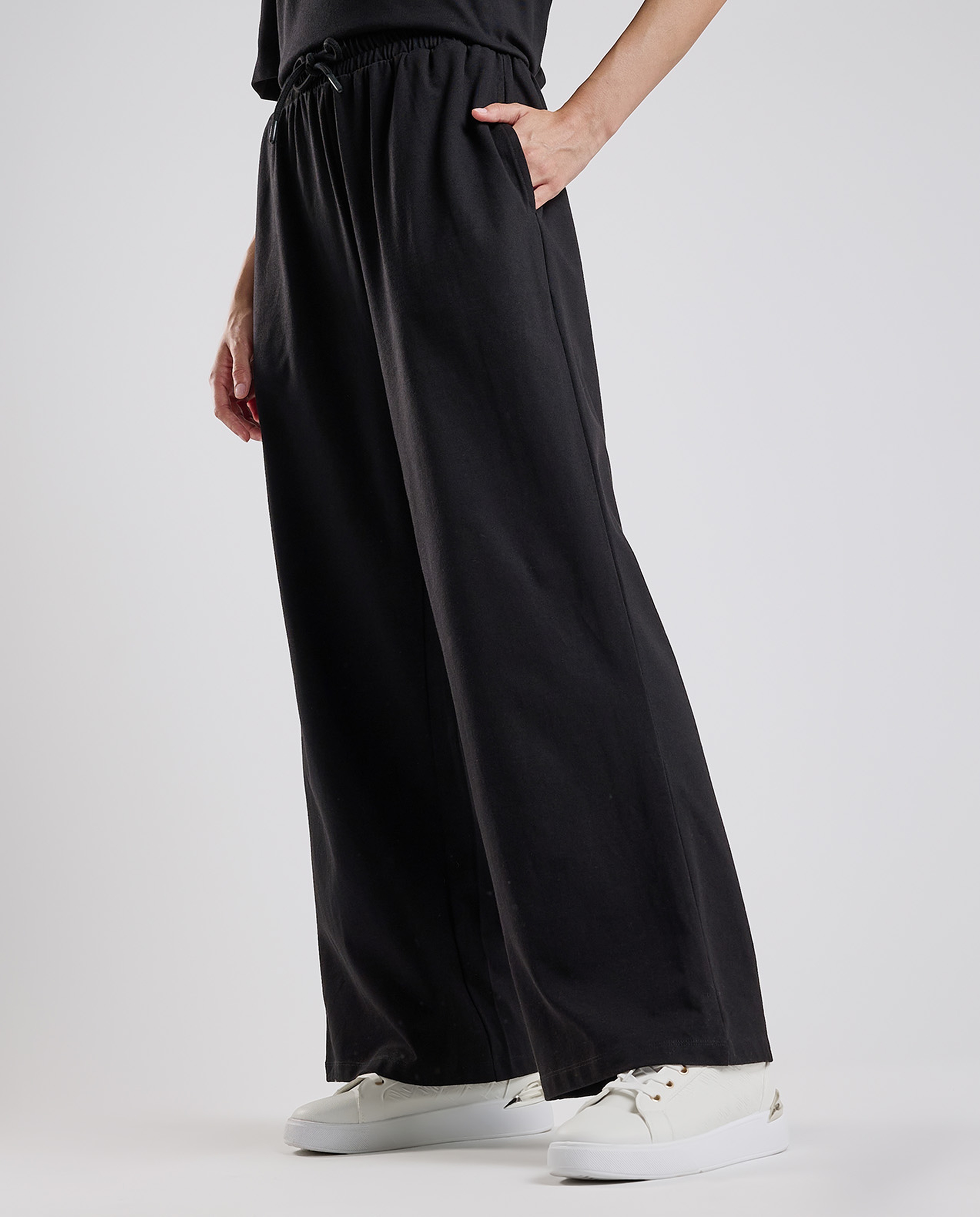 Solid Wide Leg Pants with Drawstring Waist