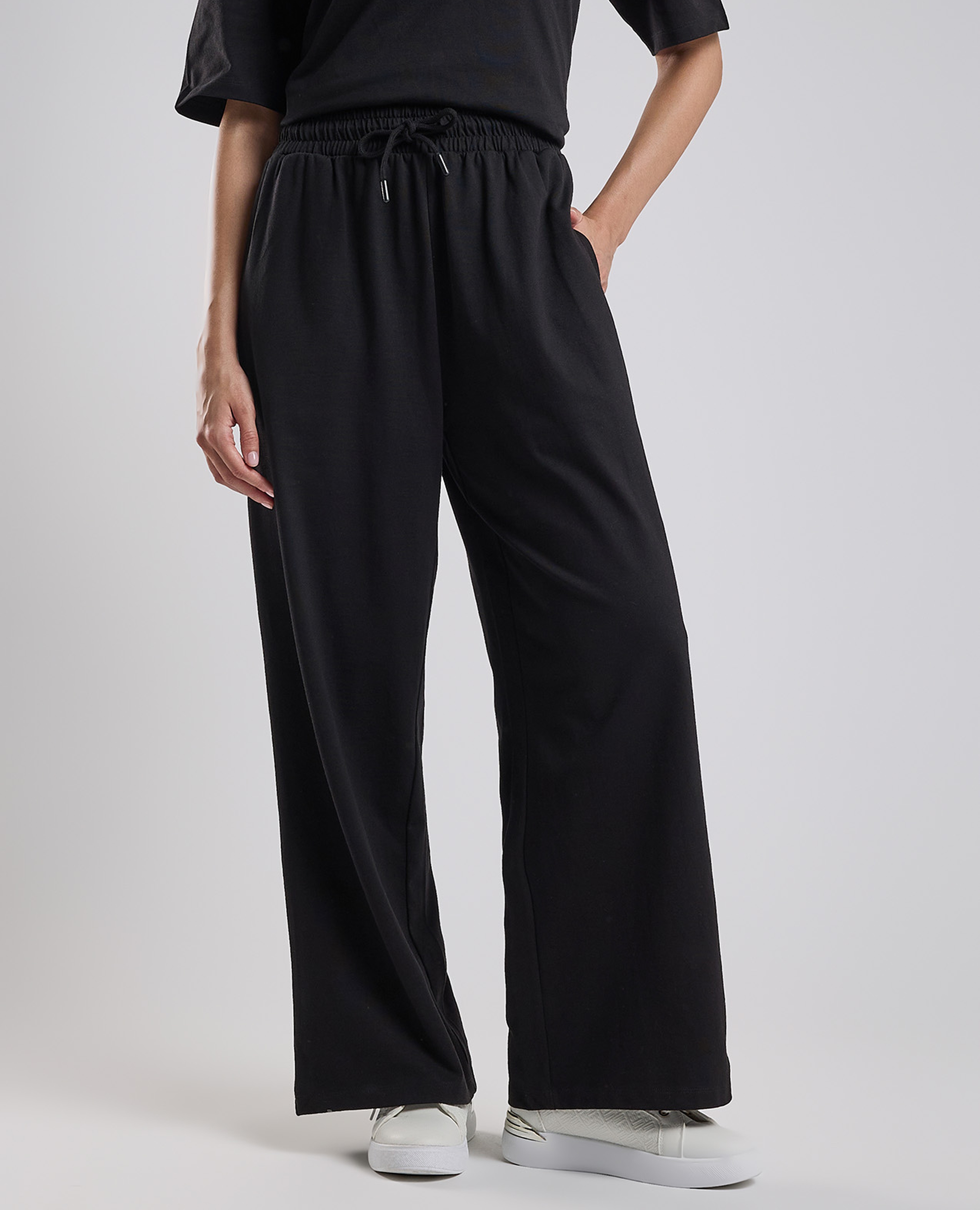 Solid Wide Leg Pants with Drawstring Waist