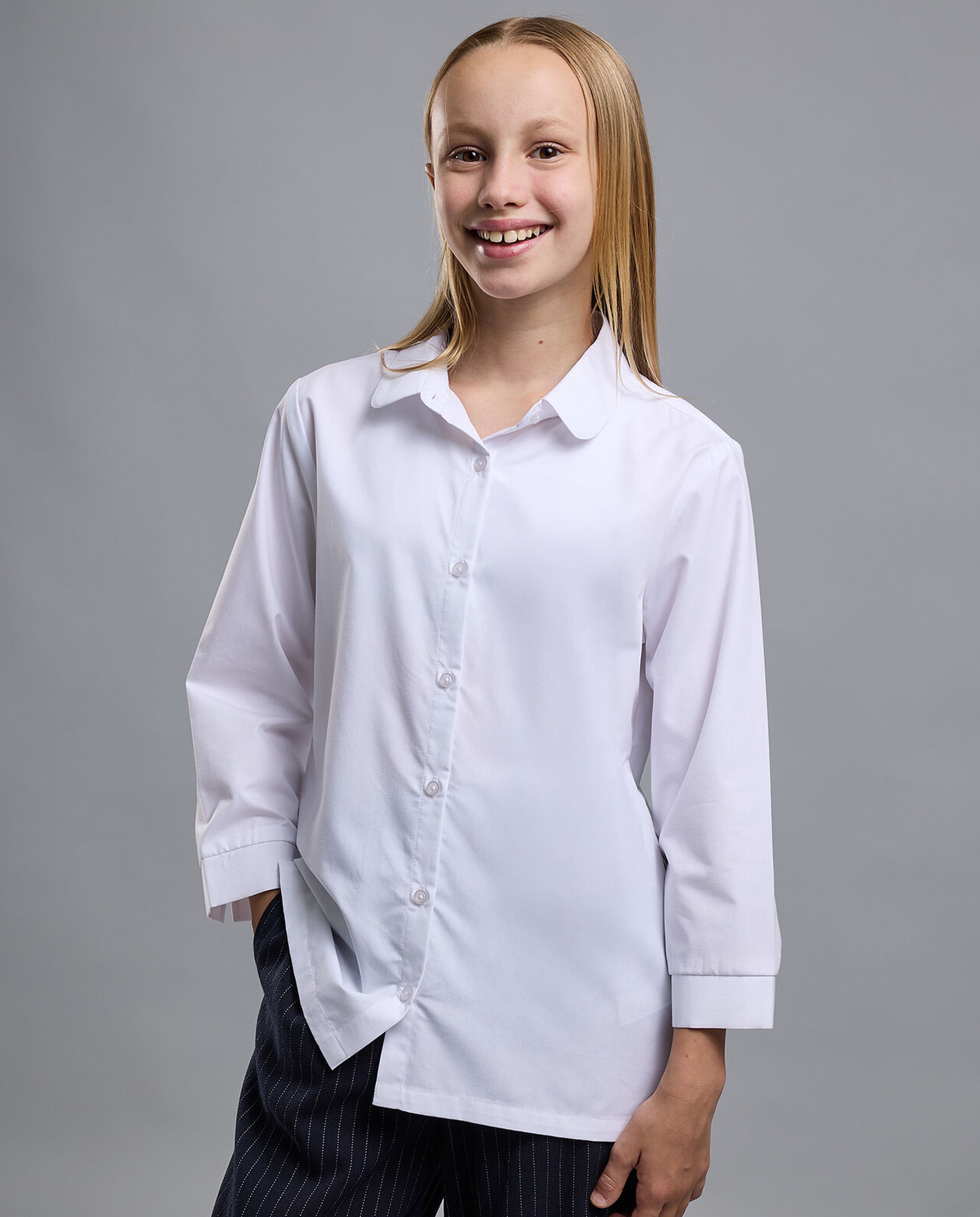 Solid Shirt with Classic Collar and 3/4 Sleeves