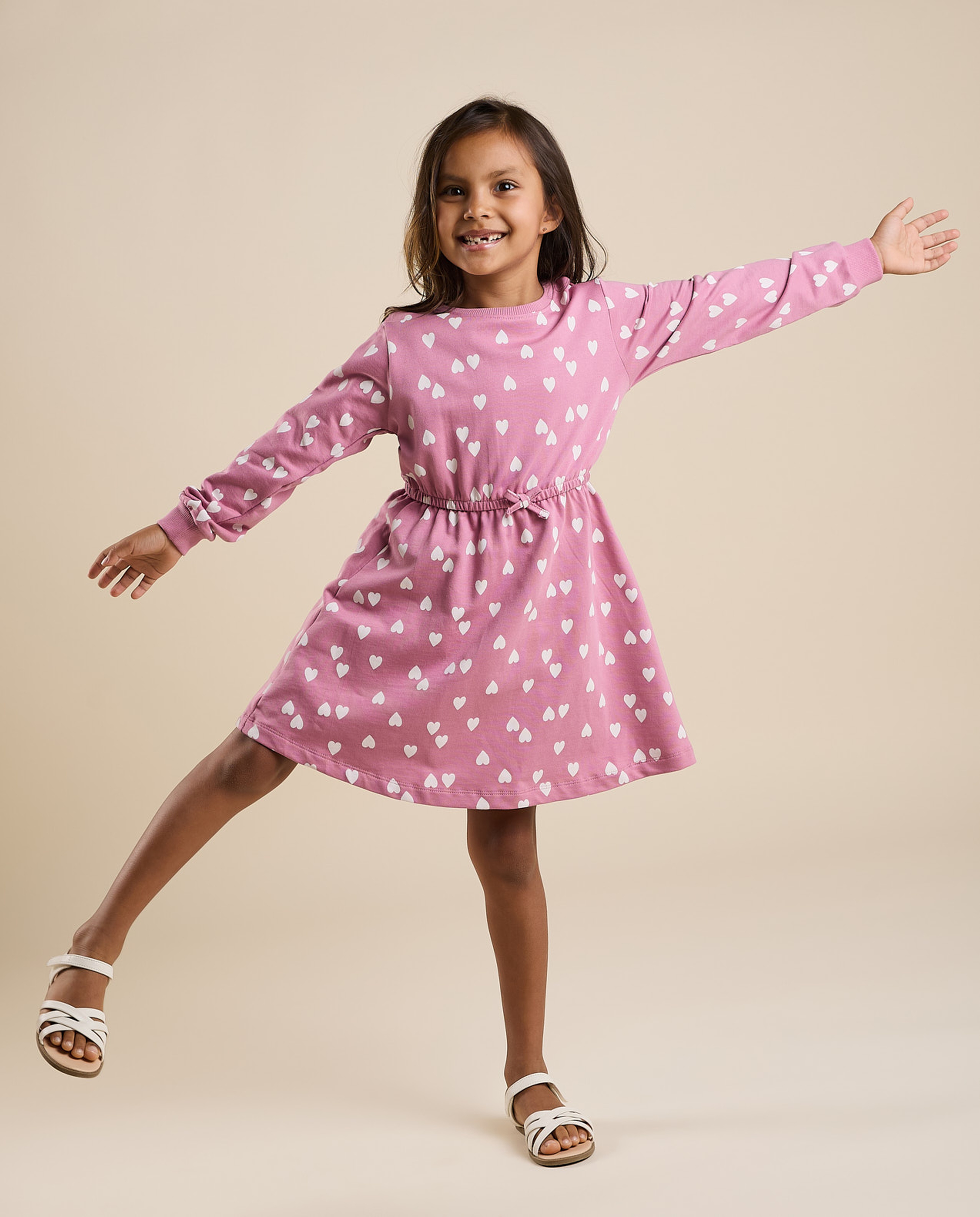 Heart Print Flared Dress with Crew Neck and Long Sleeves