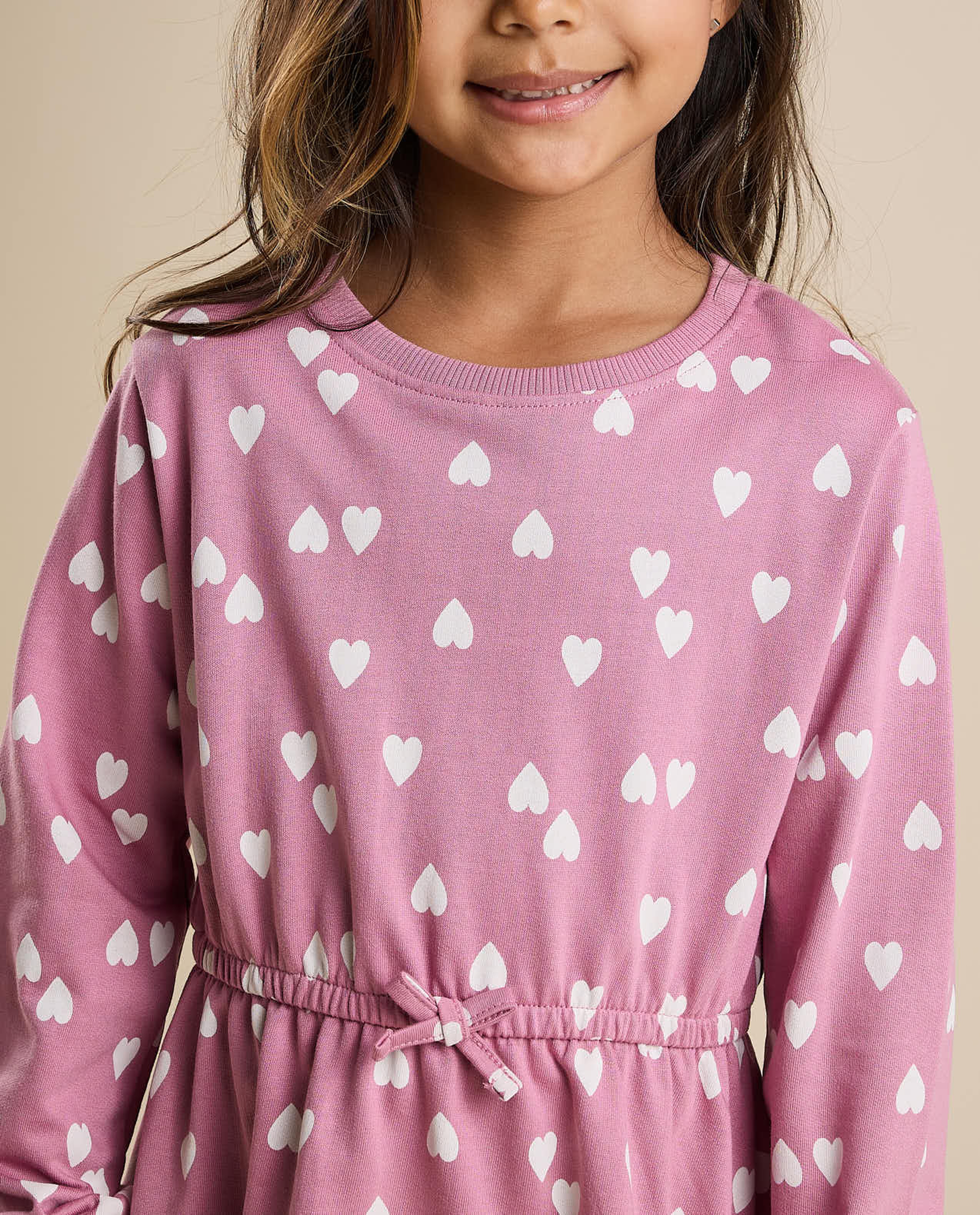 Heart Print Flared Dress with Crew Neck and Long Sleeves