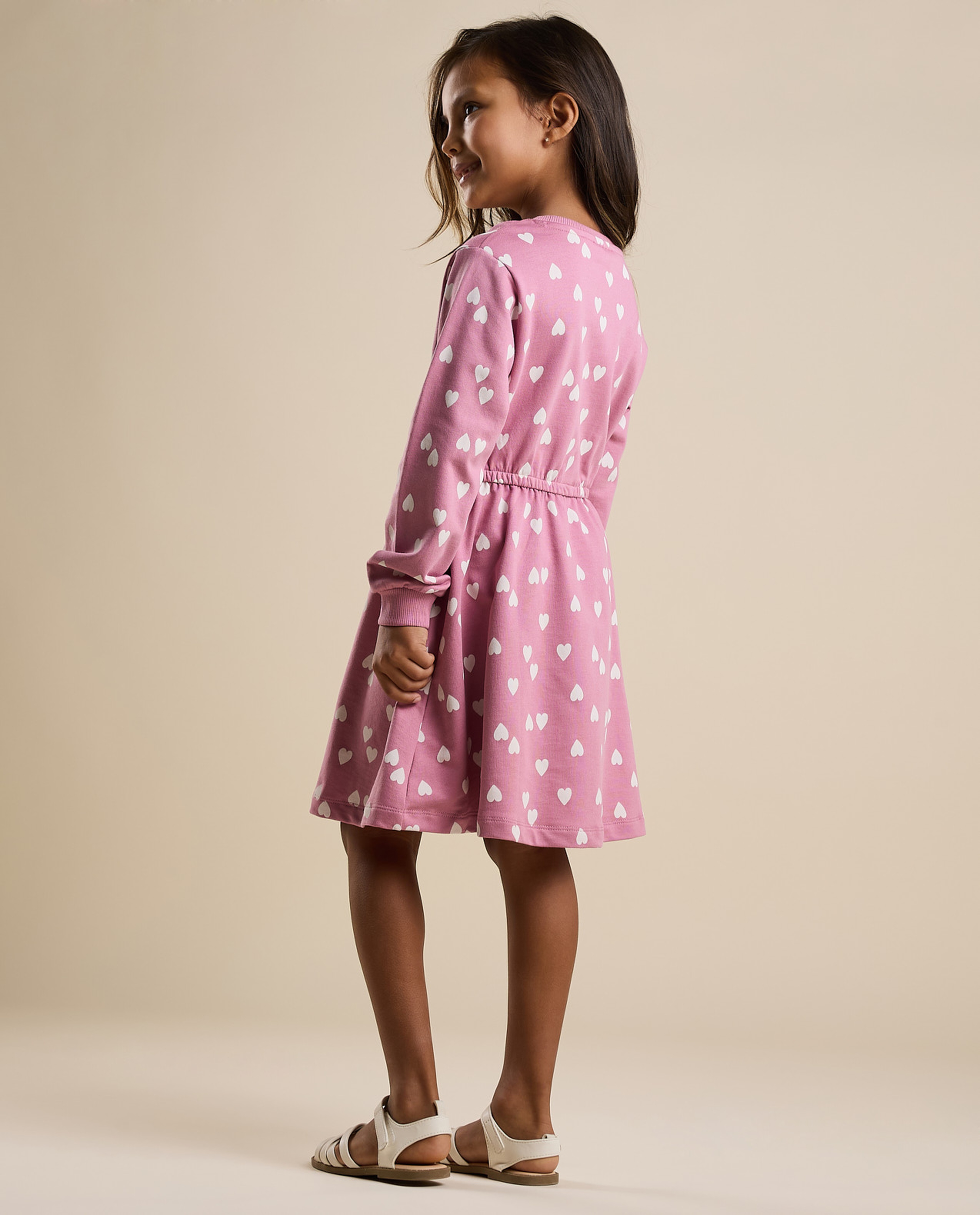 Heart Print Flared Dress with Crew Neck and Long Sleeves
