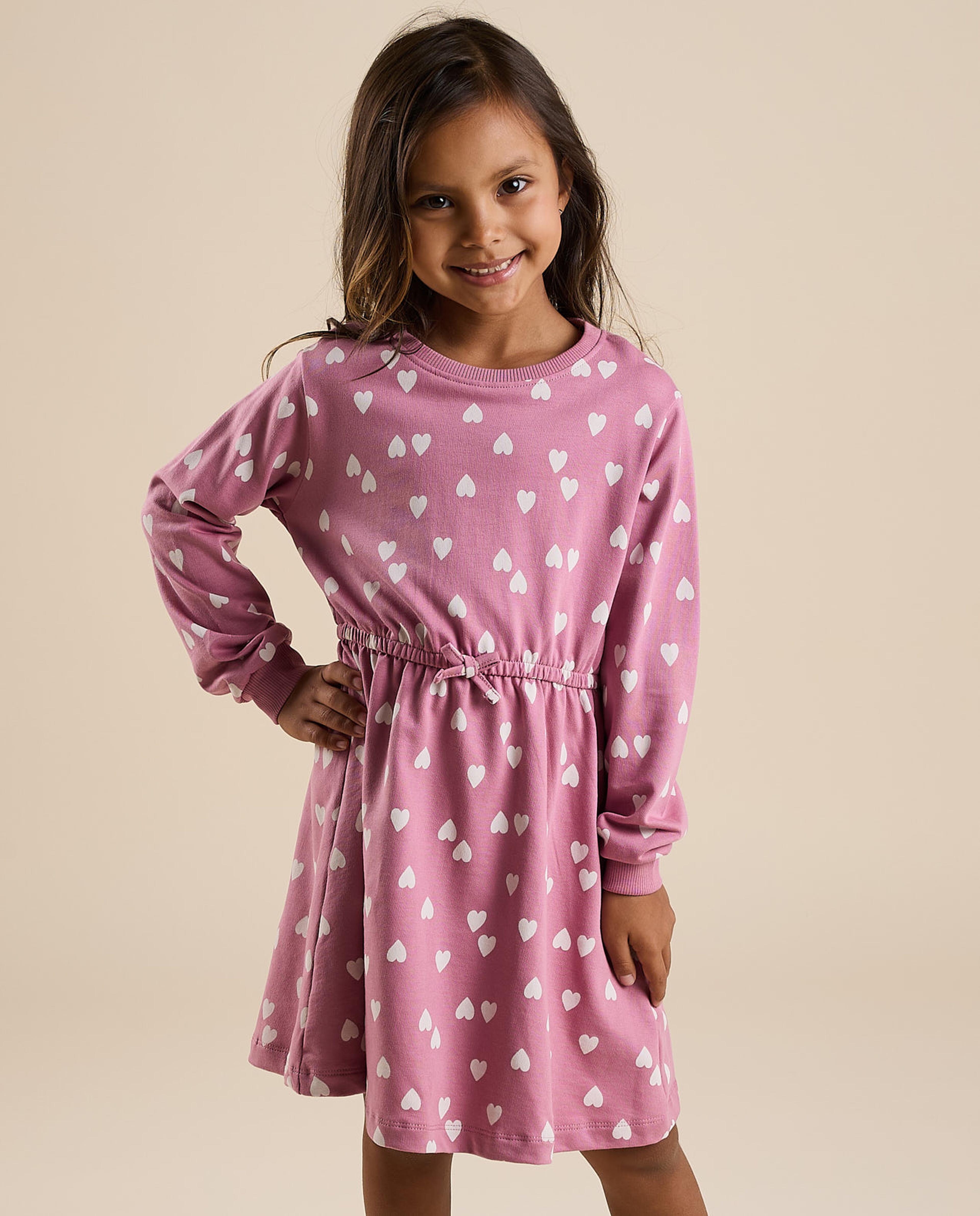 Heart Print Flared Dress with Crew Neck and Long Sleeves