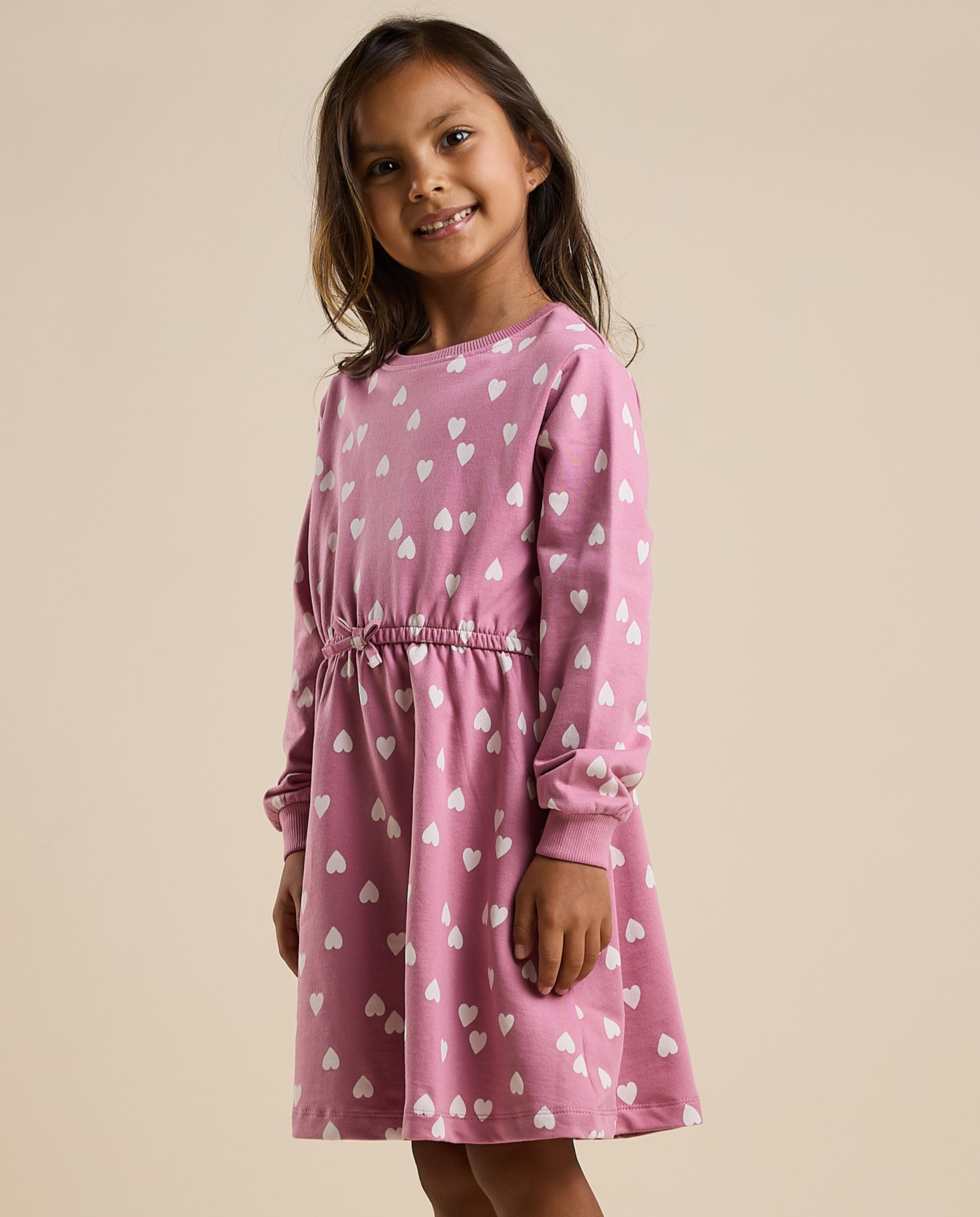 Heart Print Flared Dress with Crew Neck and Long Sleeves