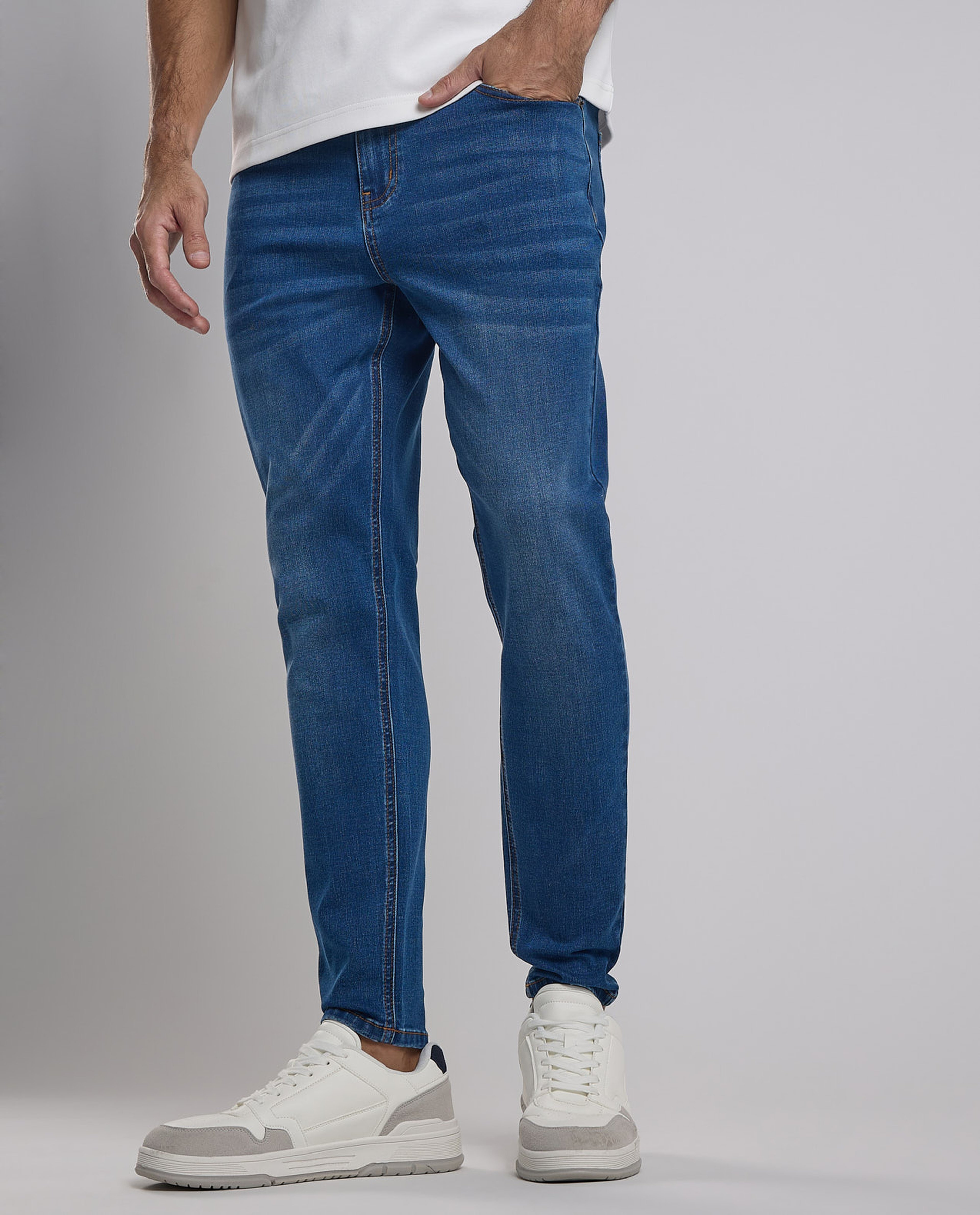 Faded Regular Fit Jeans with Button Closure