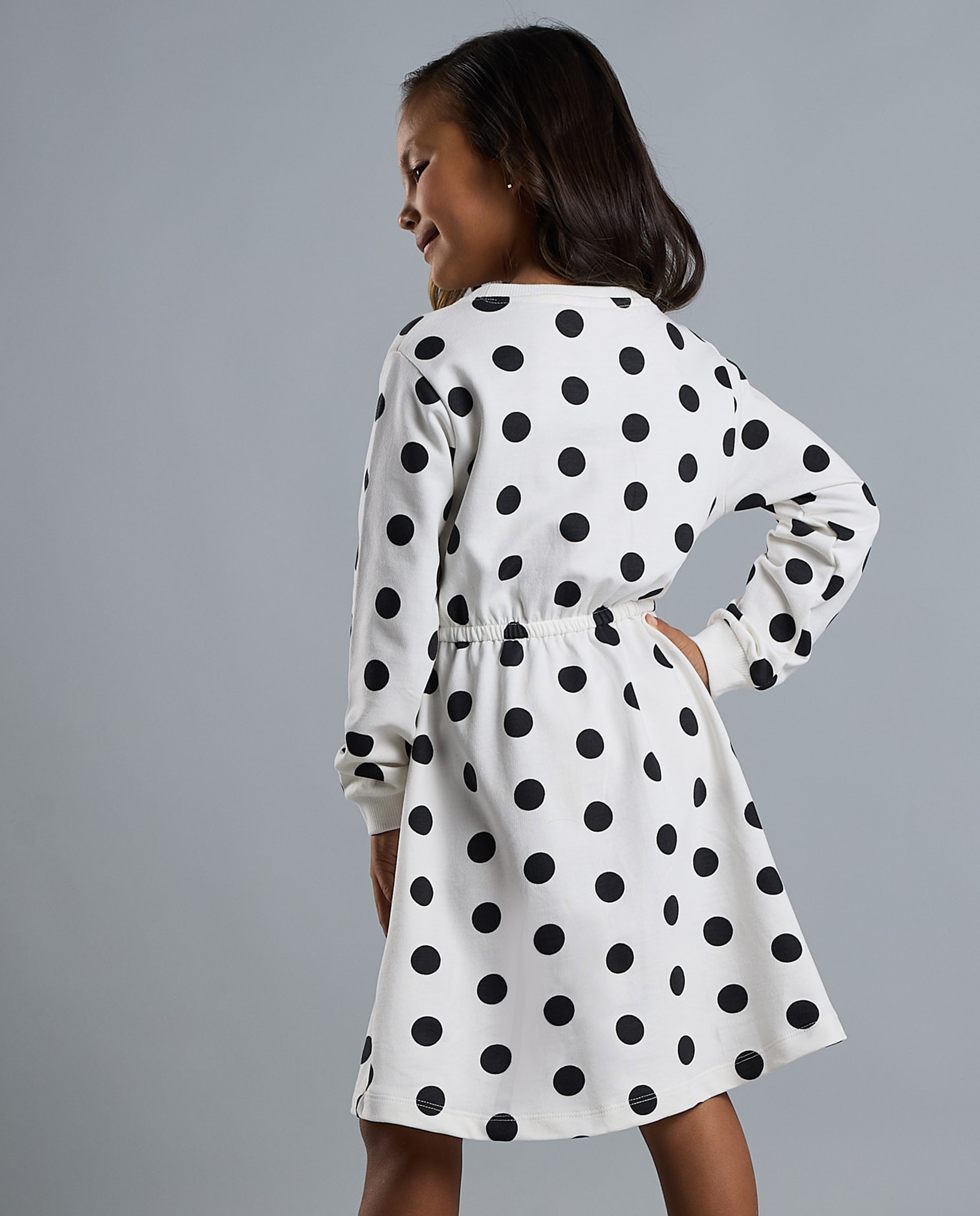 Polka Dots Flared Dress with Crew Neck and Long Sleeves