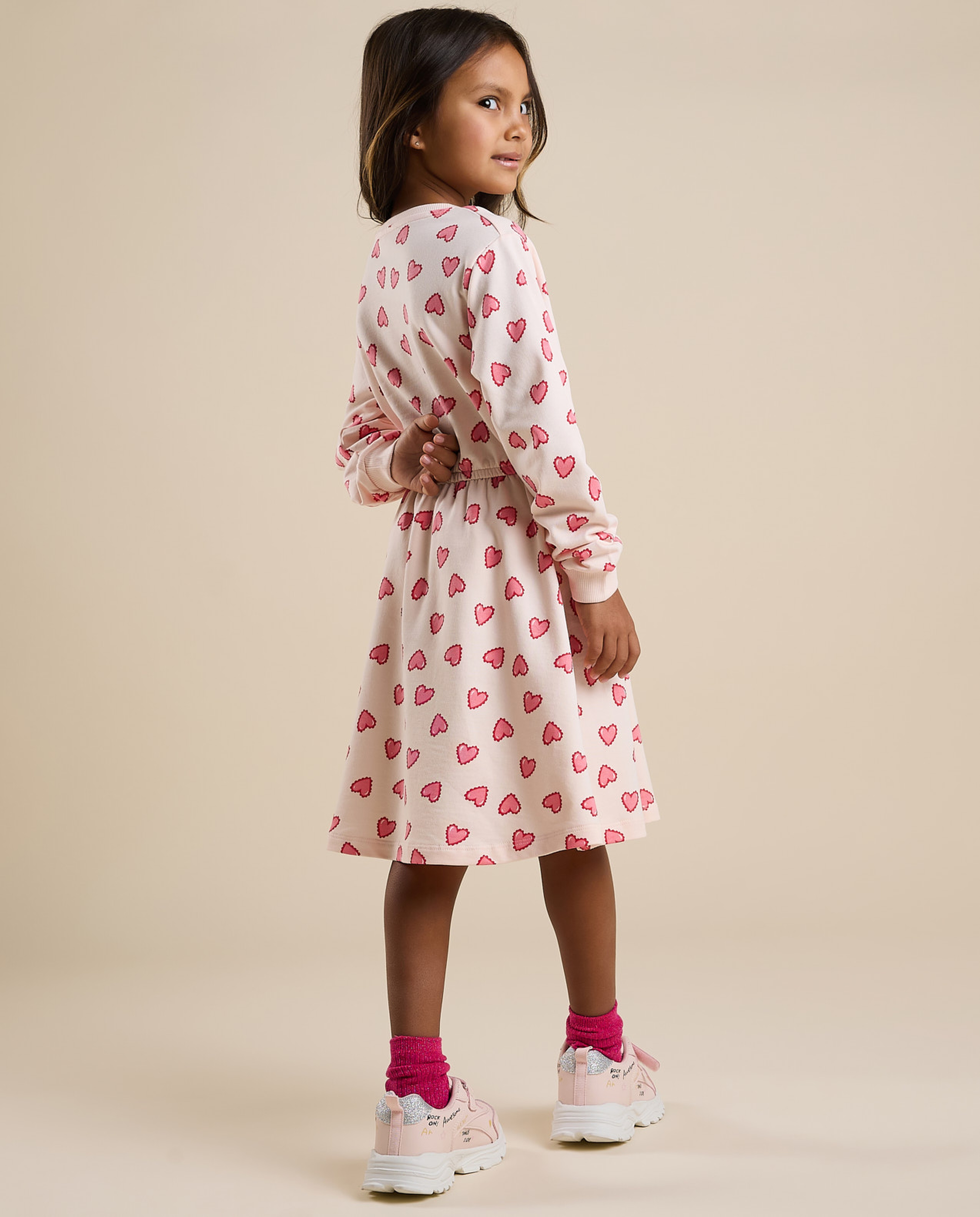 Patterned Flared Dress with Crew Neck and Long Sleeves