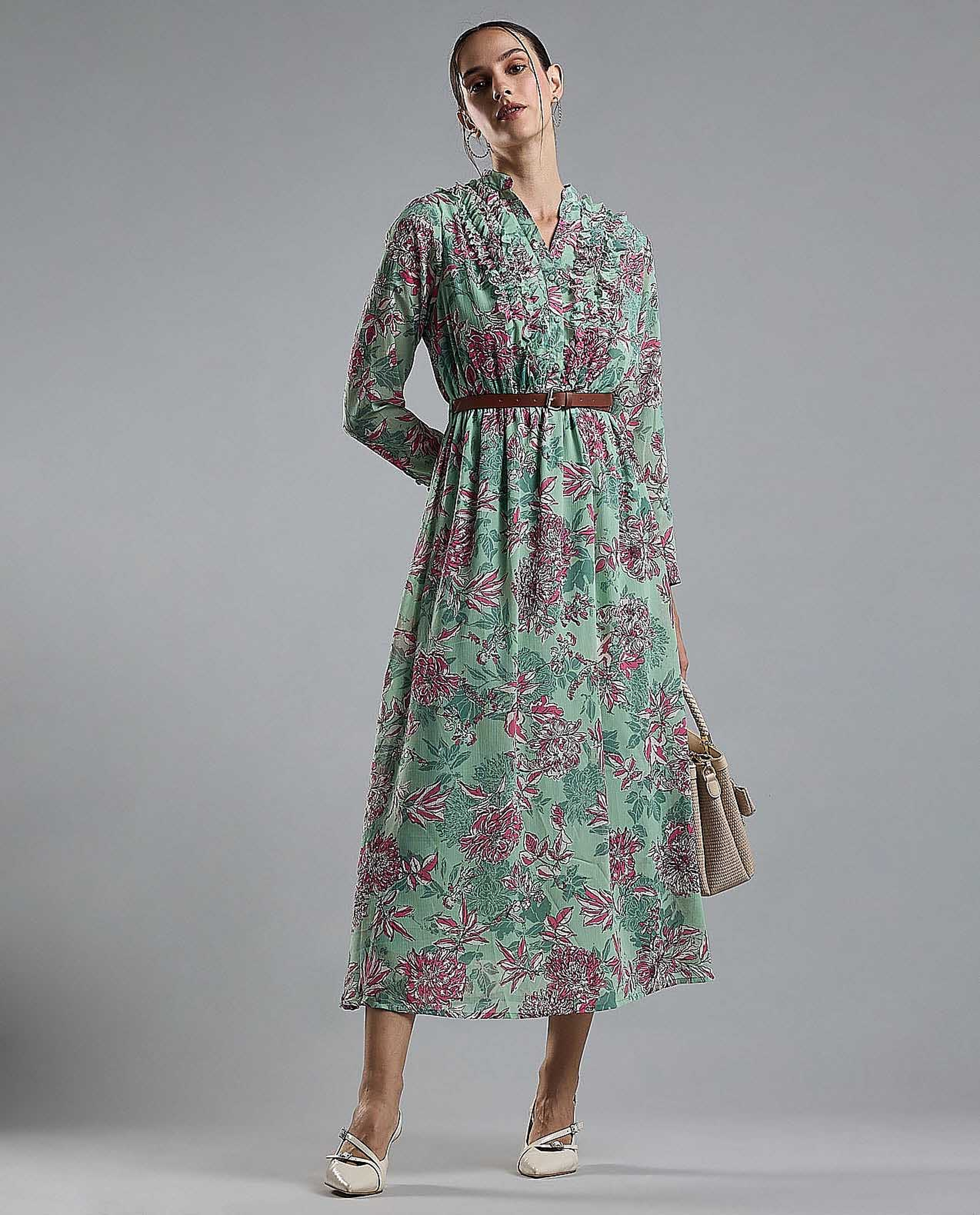 Floral Print Midi Dress with Stand Collar and Long Sleeves