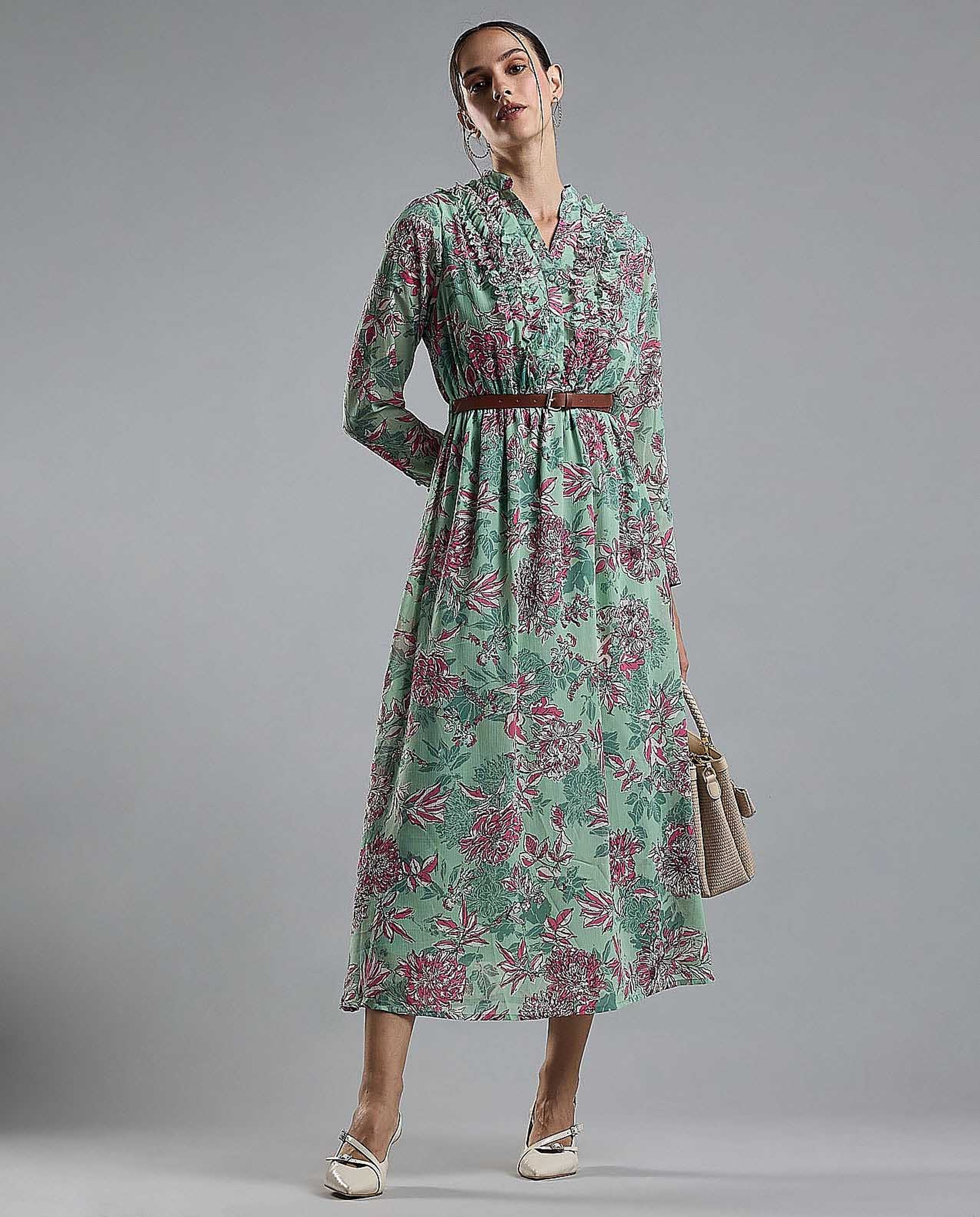 Floral Print Midi Dress with Stand Collar and Long Sleeves