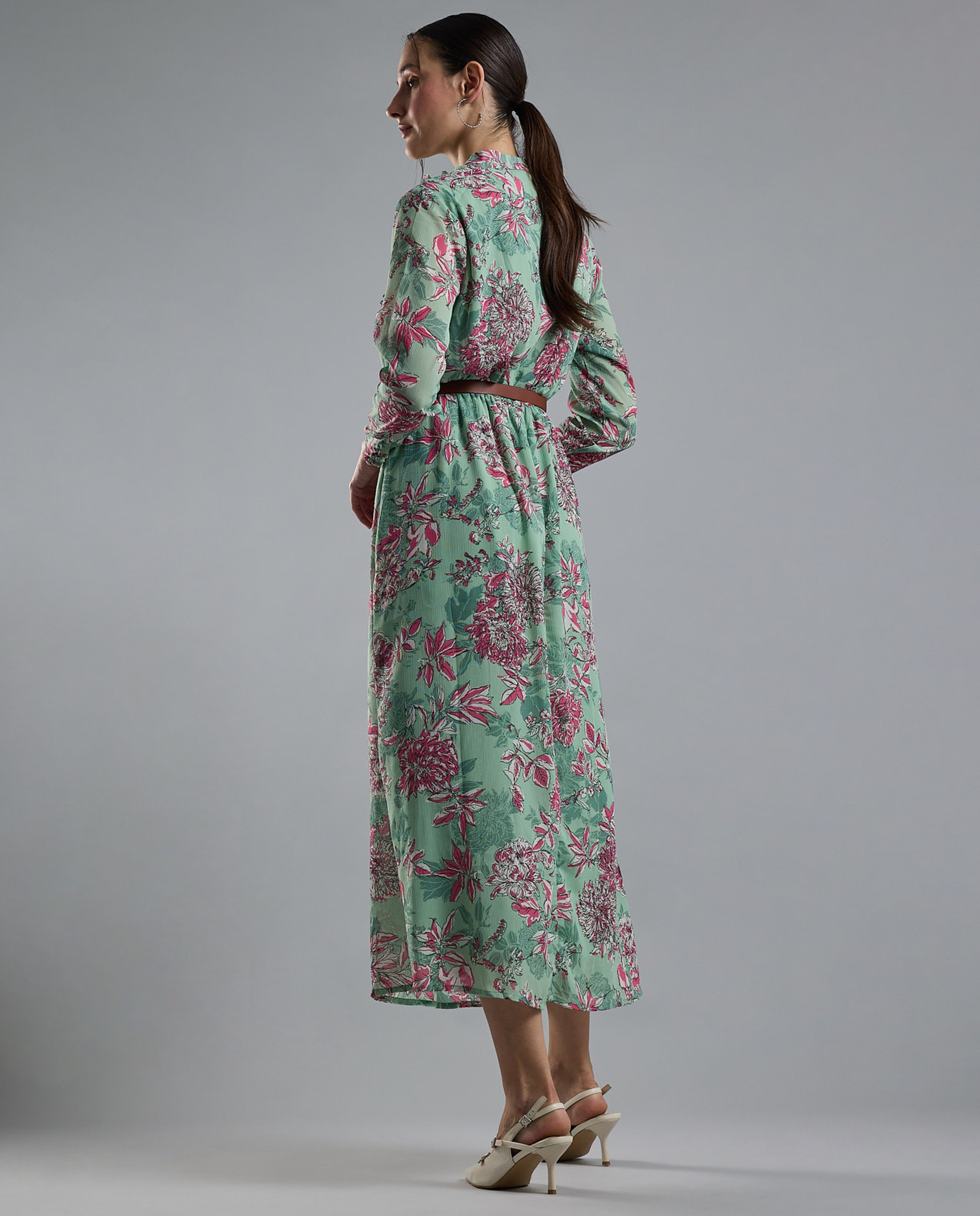 Floral Print Midi Dress with Stand Collar and Long Sleeves
