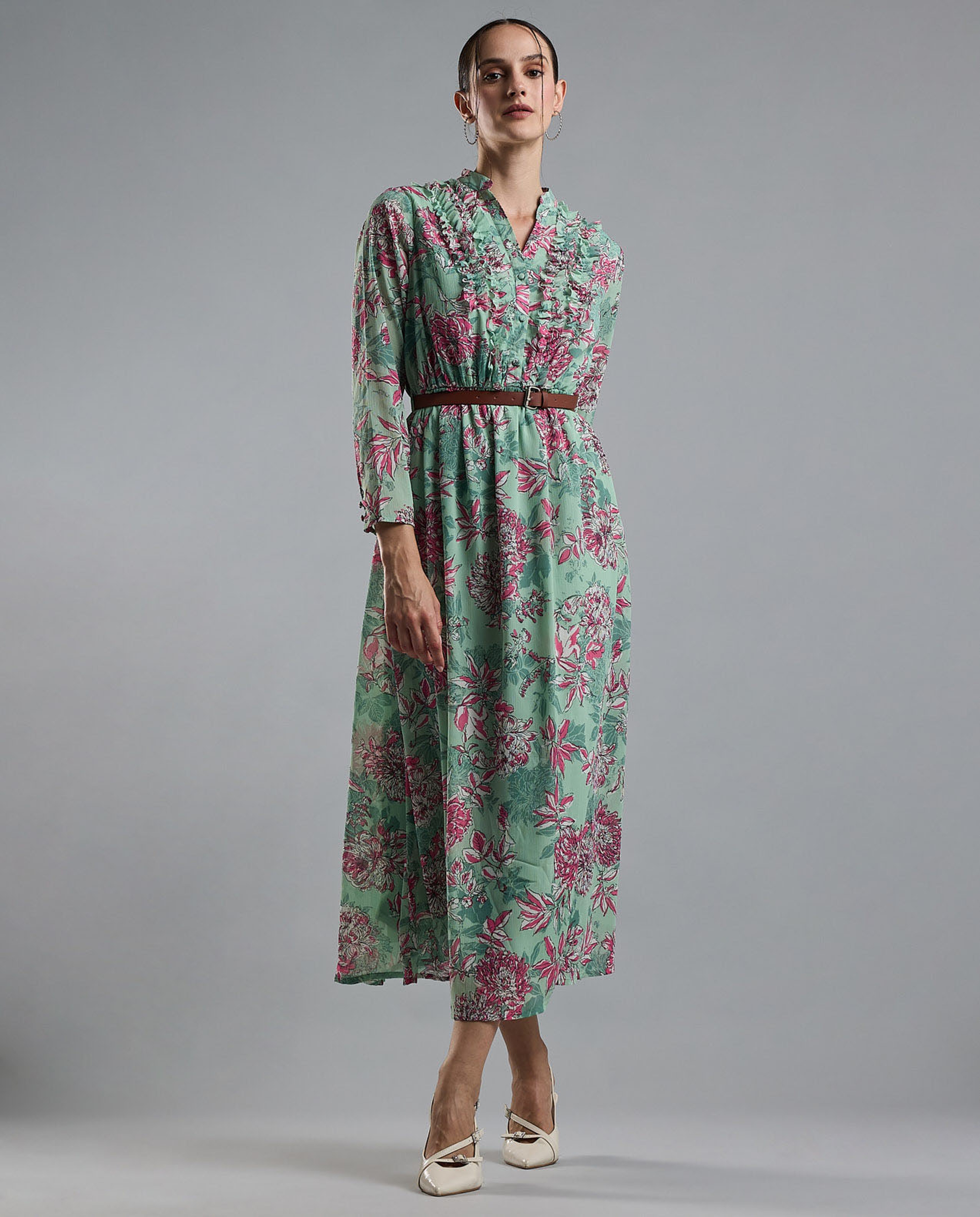 Floral Print Midi Dress with Stand Collar and Long Sleeves