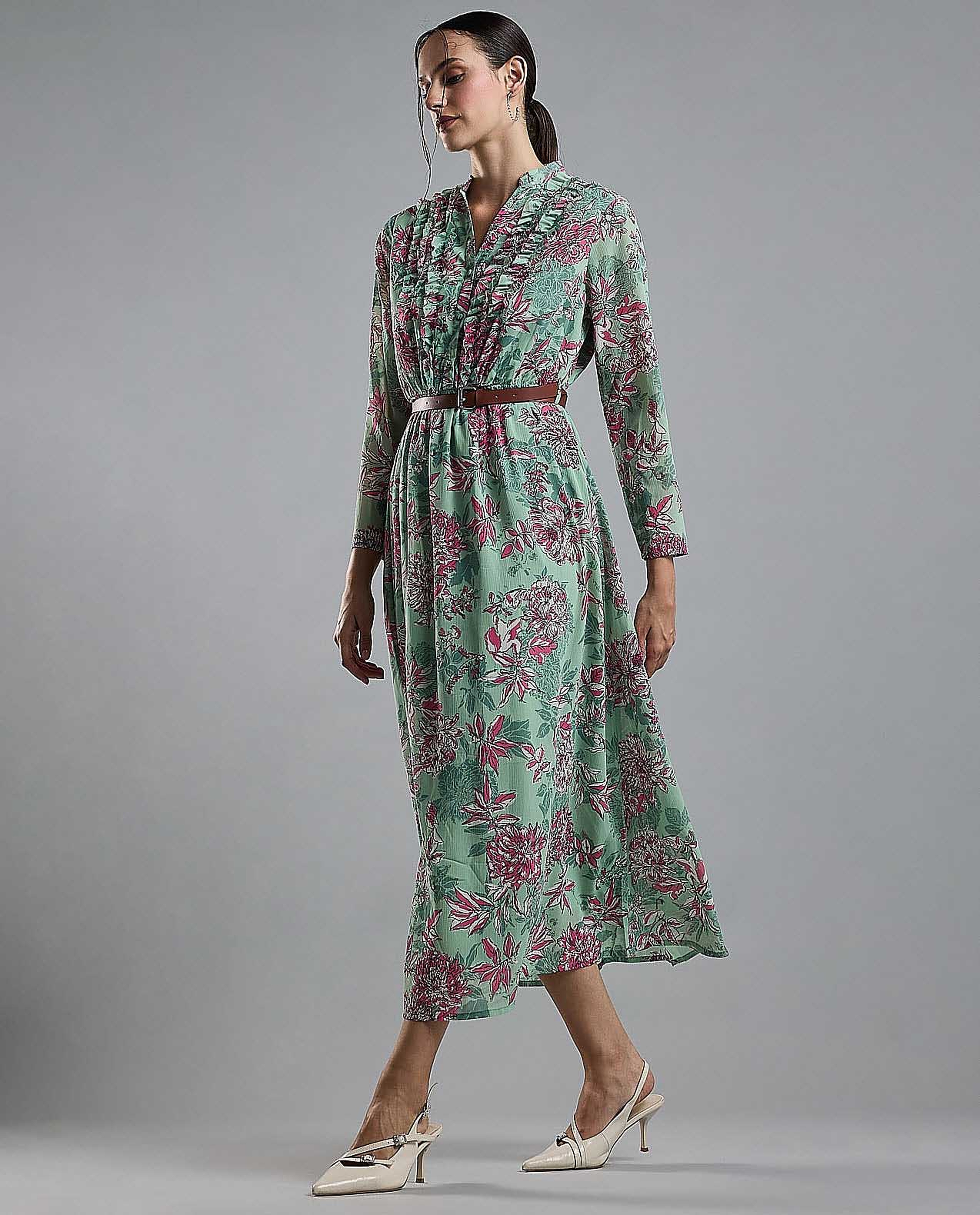 Floral Print Midi Dress with Stand Collar and Long Sleeves