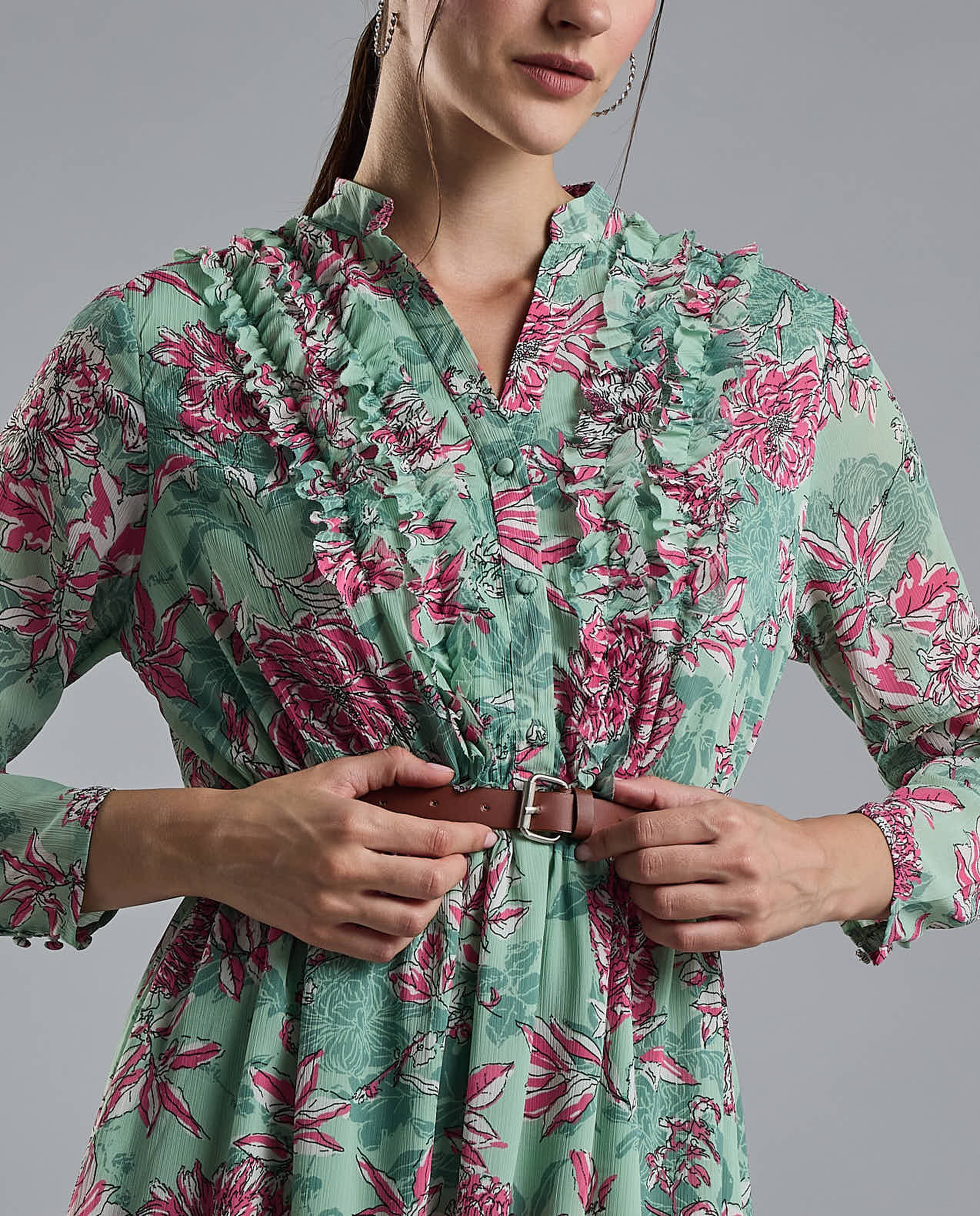 Floral Print Midi Dress with Stand Collar and Long Sleeves