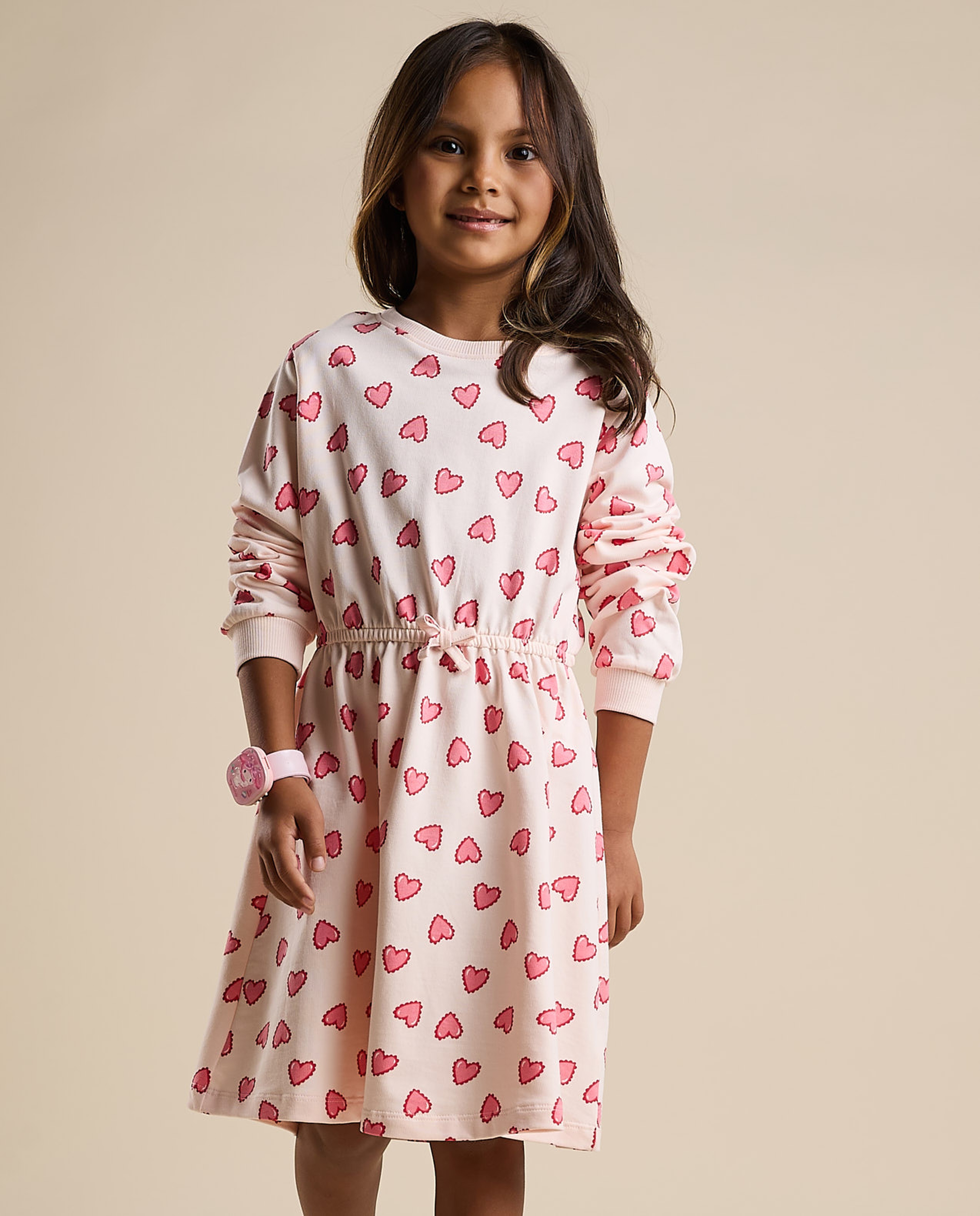 Patterned Flared Dress with Crew Neck and Long Sleeves