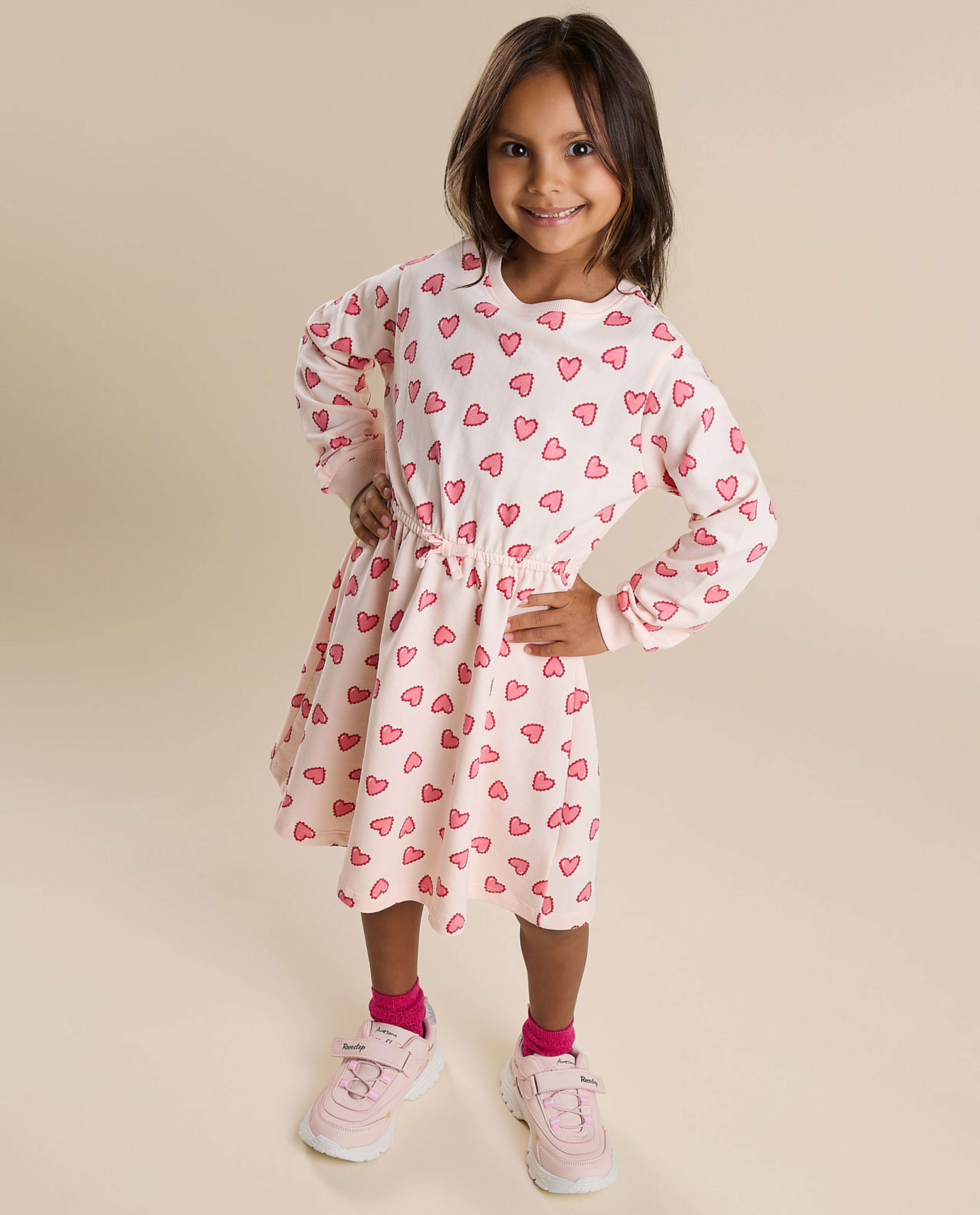 Patterned Flared Dress with Crew Neck and Long Sleeves