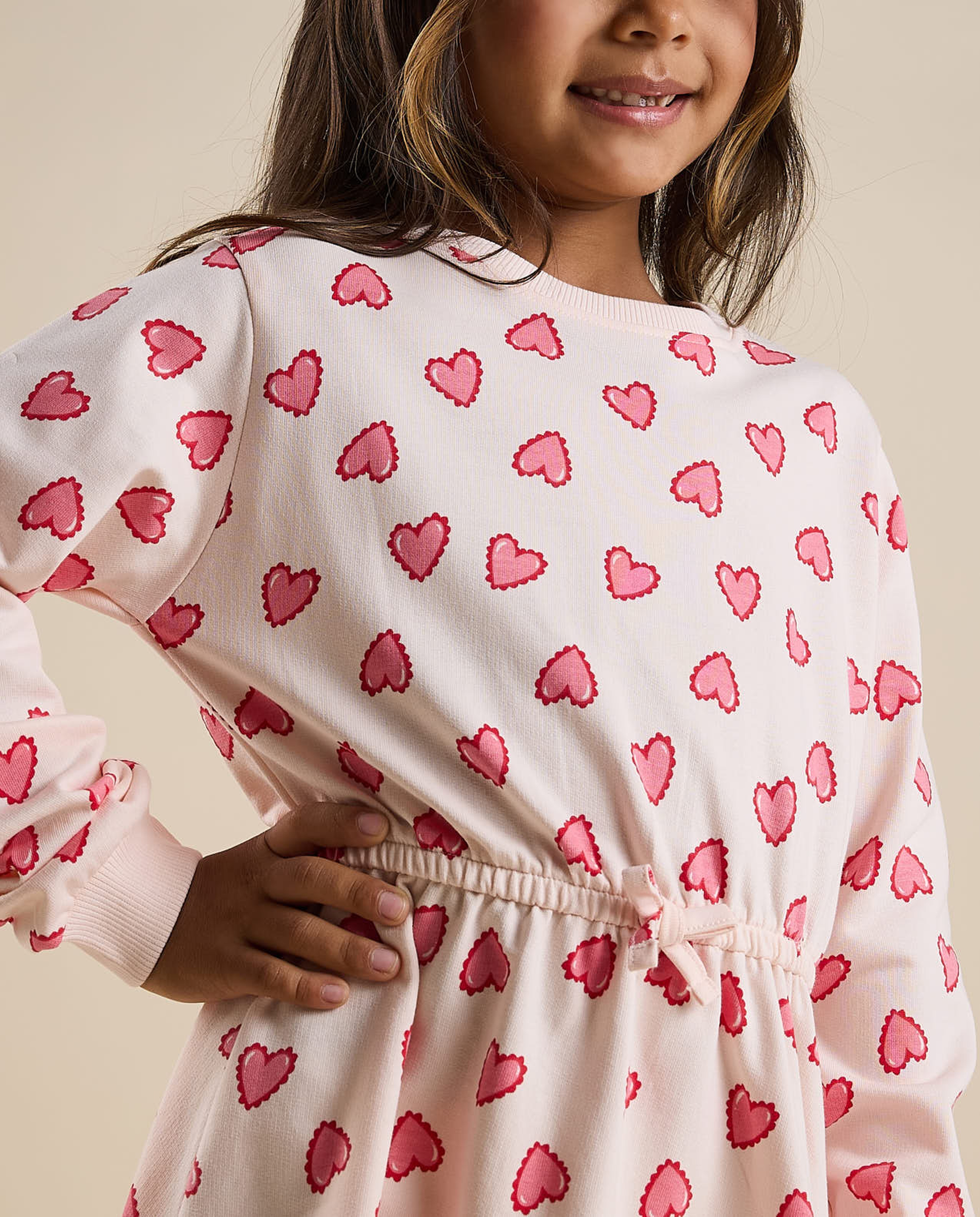 Patterned Flared Dress with Crew Neck and Long Sleeves