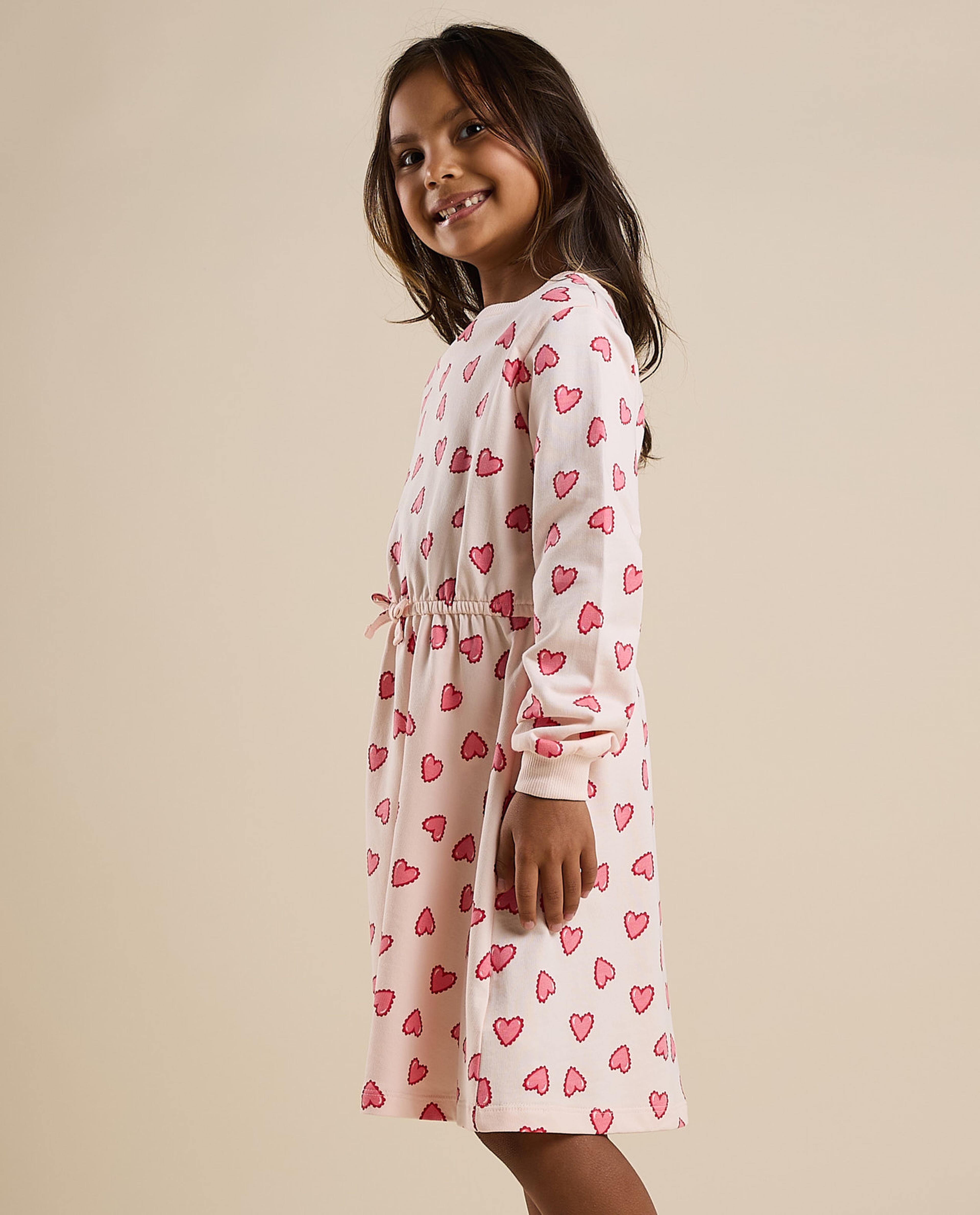 Patterned Flared Dress with Crew Neck and Long Sleeves