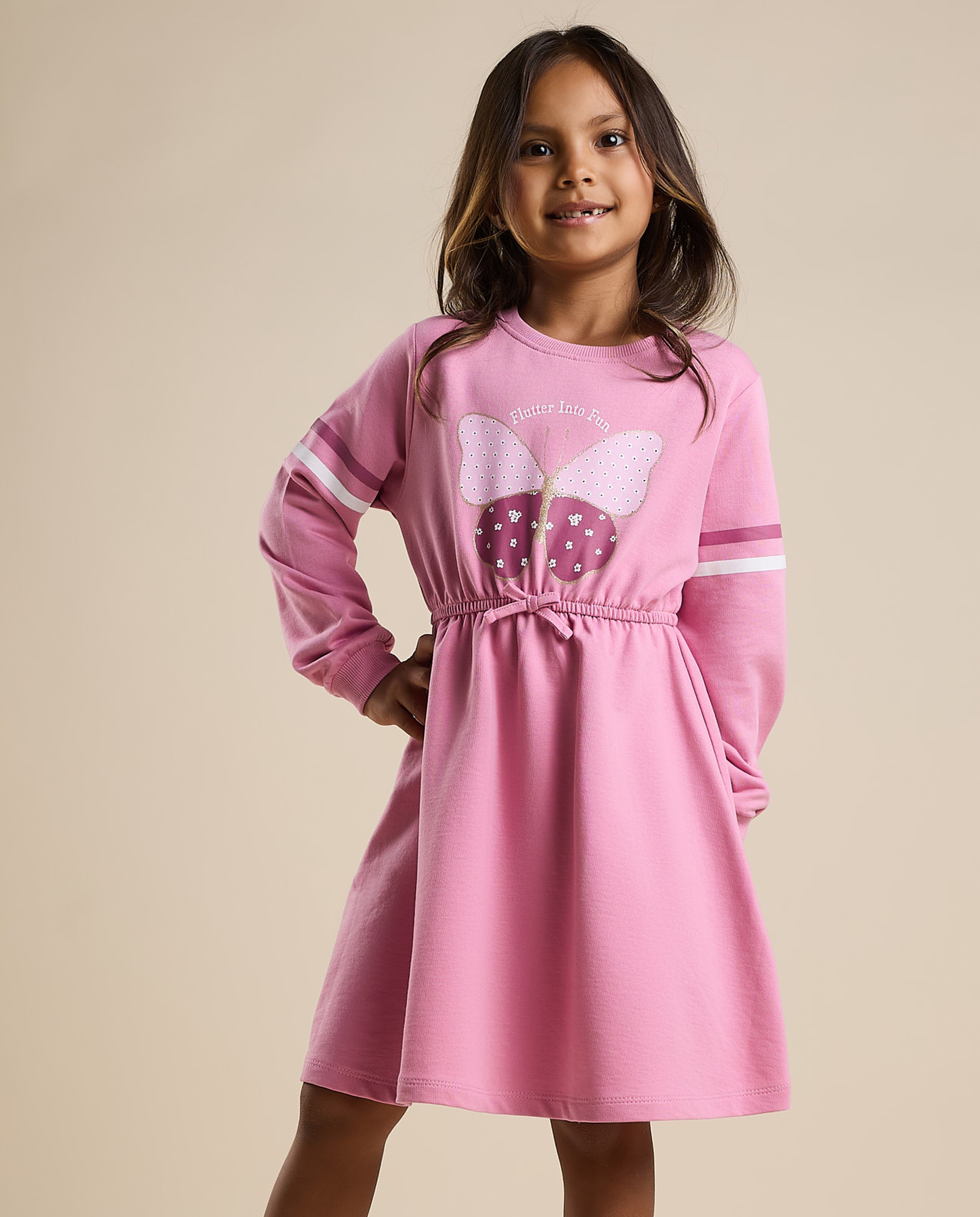 Printed Flared Dress with Crew Neck and Long Sleeves