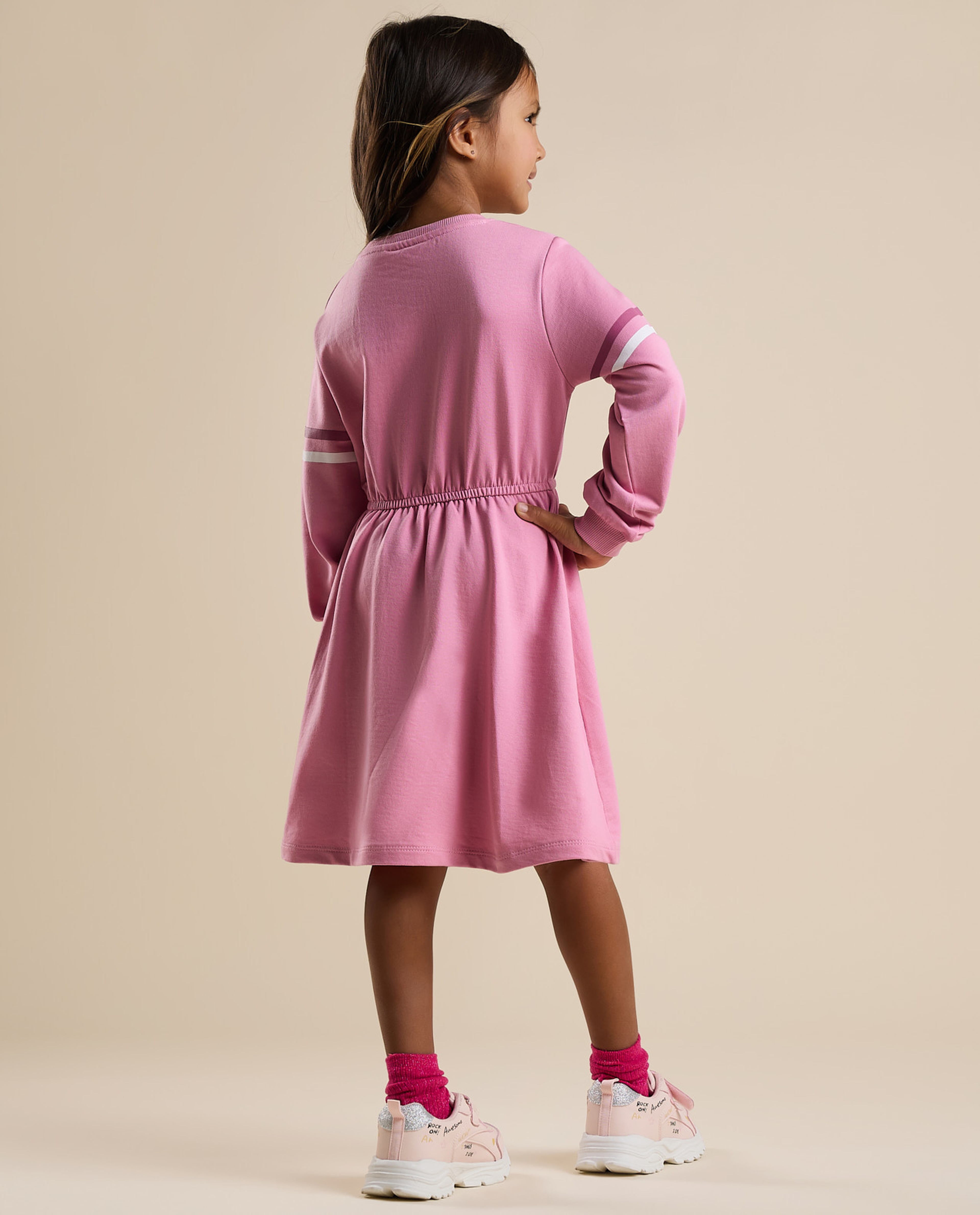 Printed Flared Dress with Crew Neck and Long Sleeves