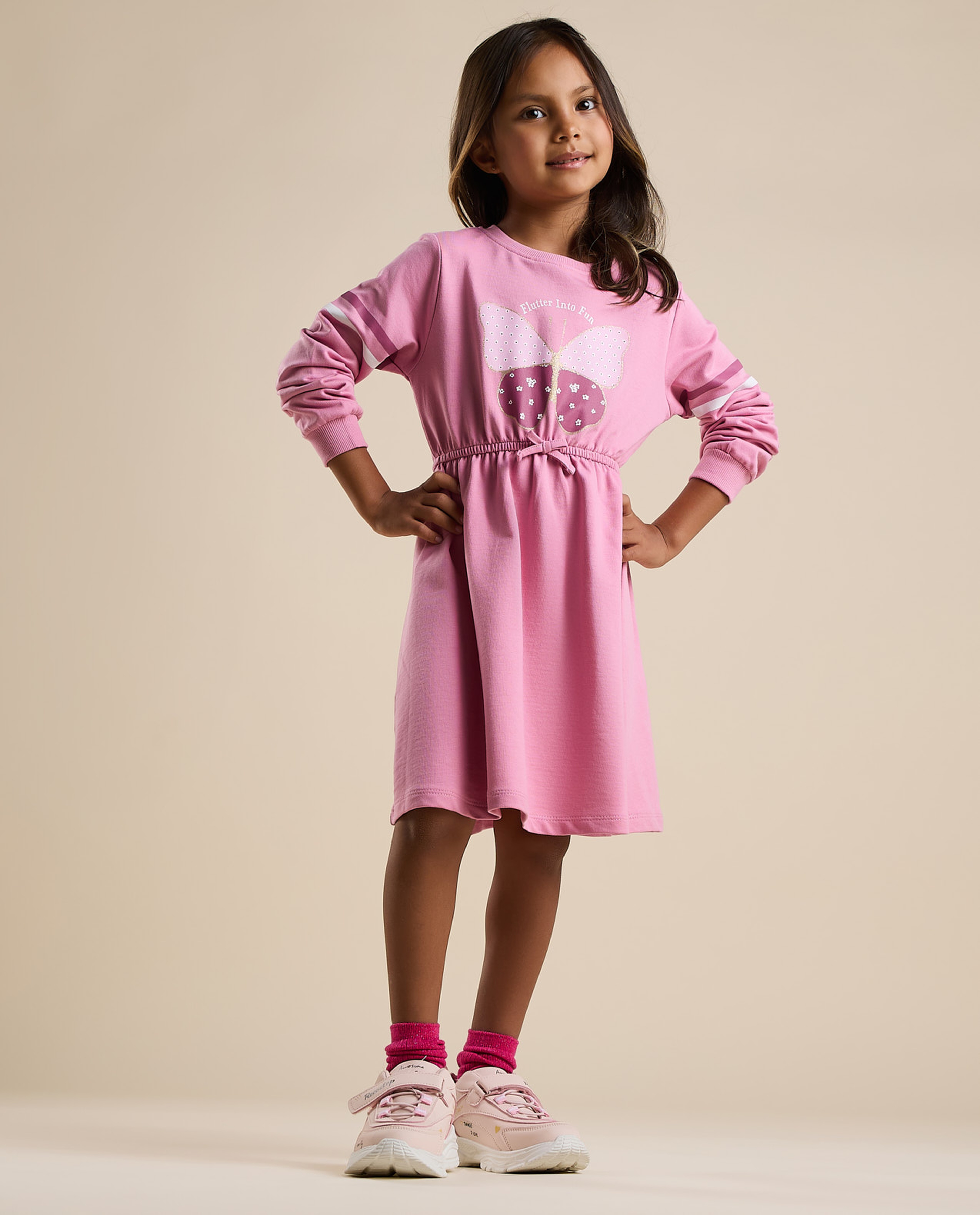 Printed Flared Dress with Crew Neck and Long Sleeves