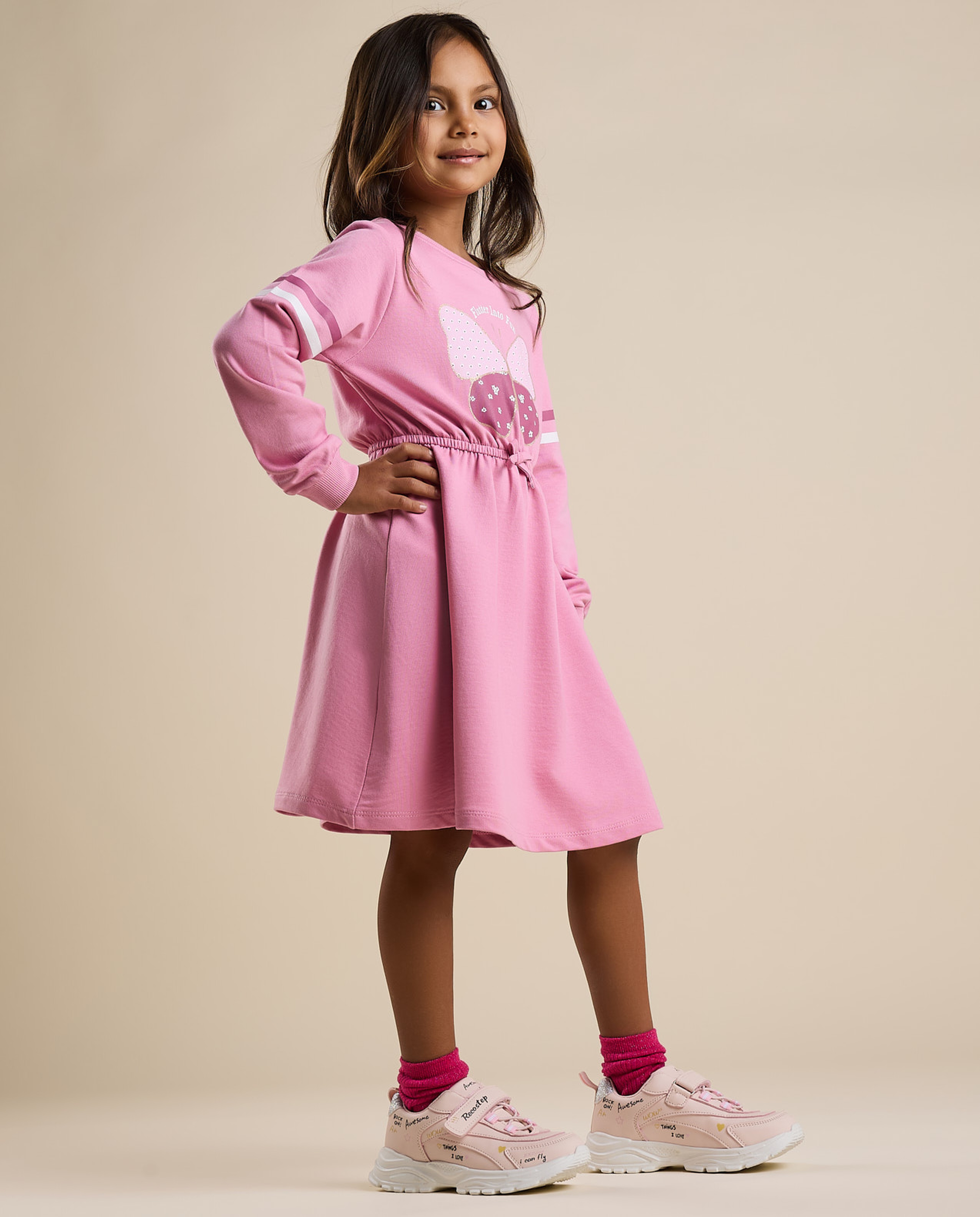 Printed Flared Dress with Crew Neck and Long Sleeves